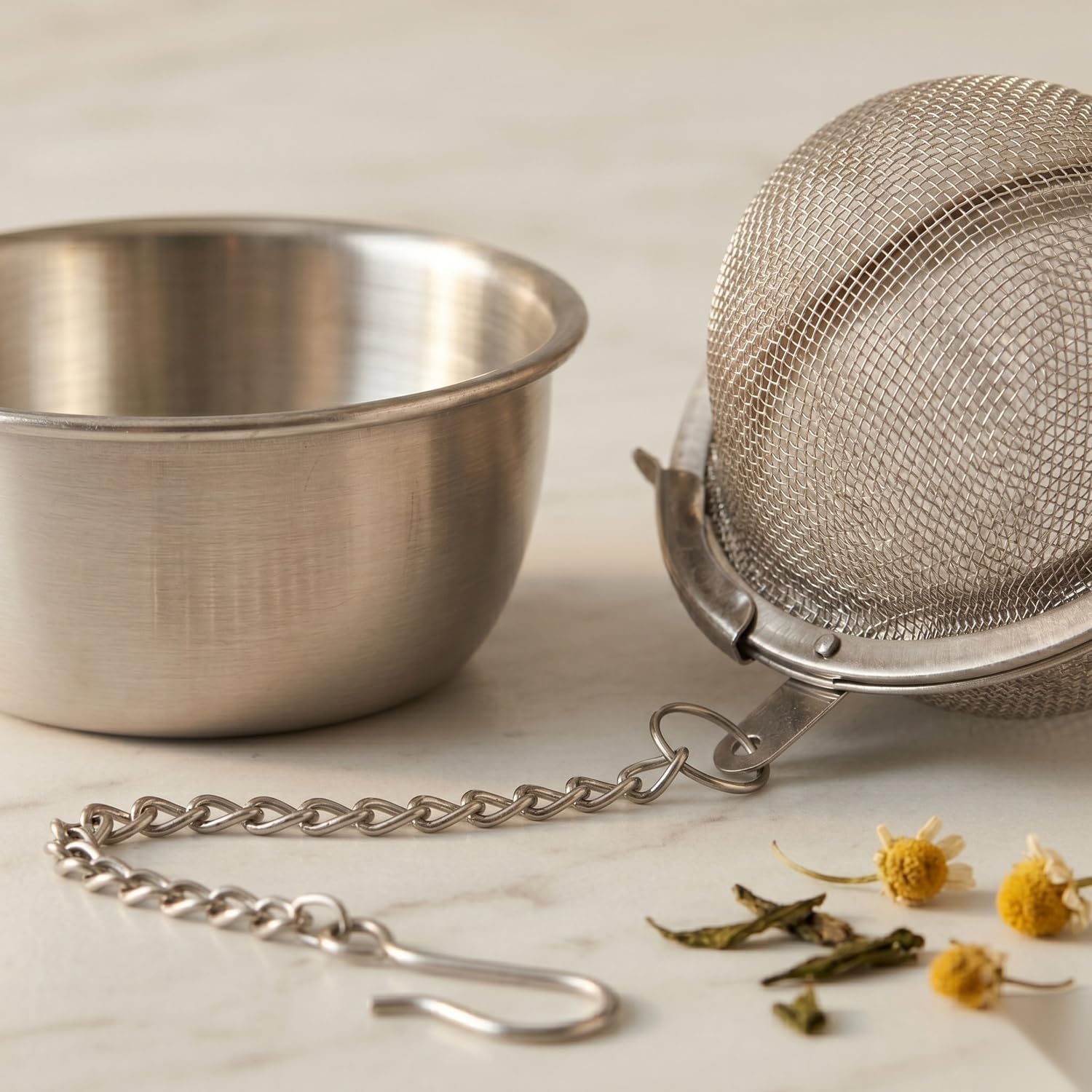 Stainless Steel Tea Infuser Ball for Loose Leaf Tea, Fine Mesh Tea Ball Strainer with Chain Hook, 2.1" Rim 6.1" Total Length for Most Mugs, Includes Drip Tray Dishwasher Safe