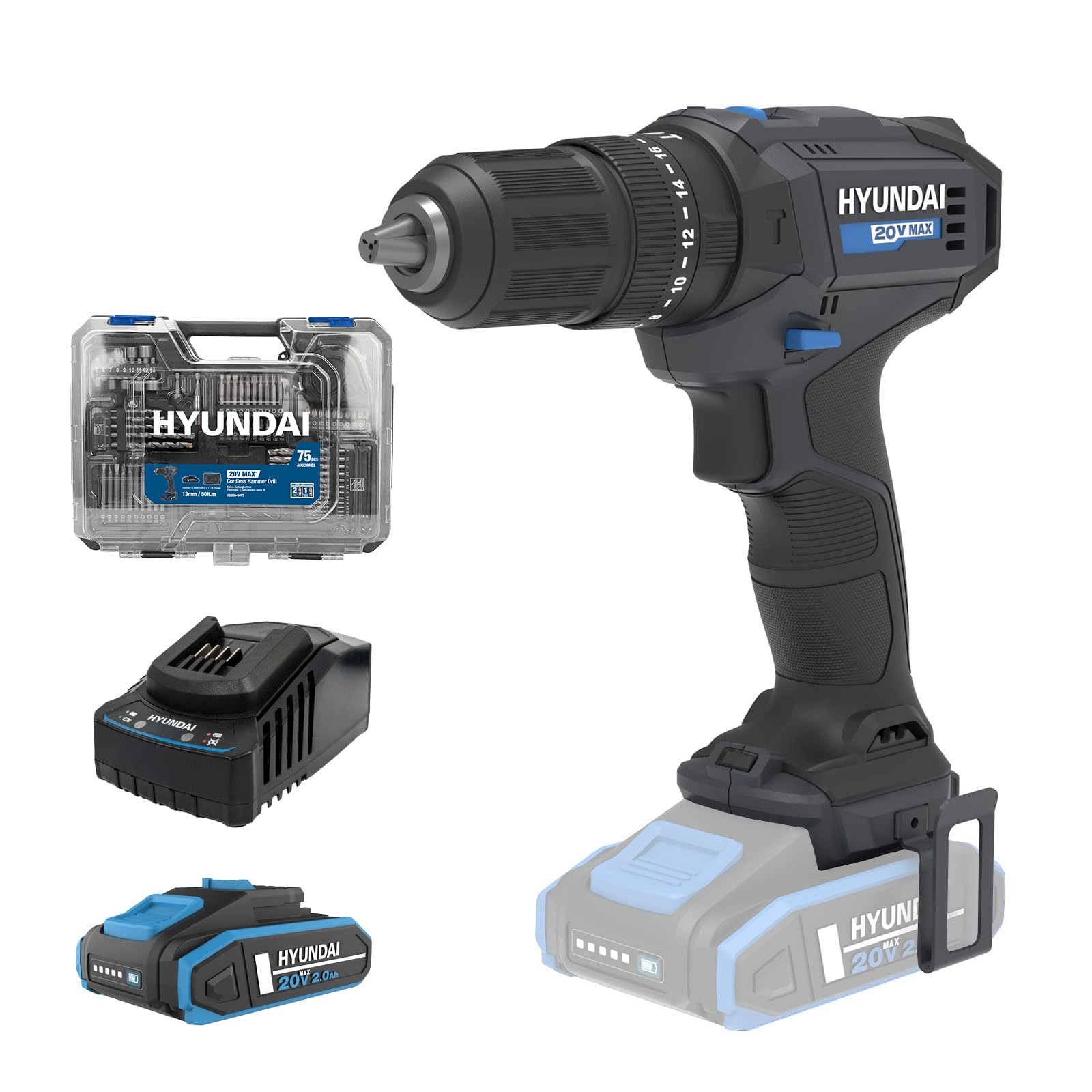 Hyundai 20V Cordless Hammer Drill 50Nm with Battery, Charger & 75pc Accessory Kit – 2 Speed, 13mm Chuck, LED Light, Carry Case
