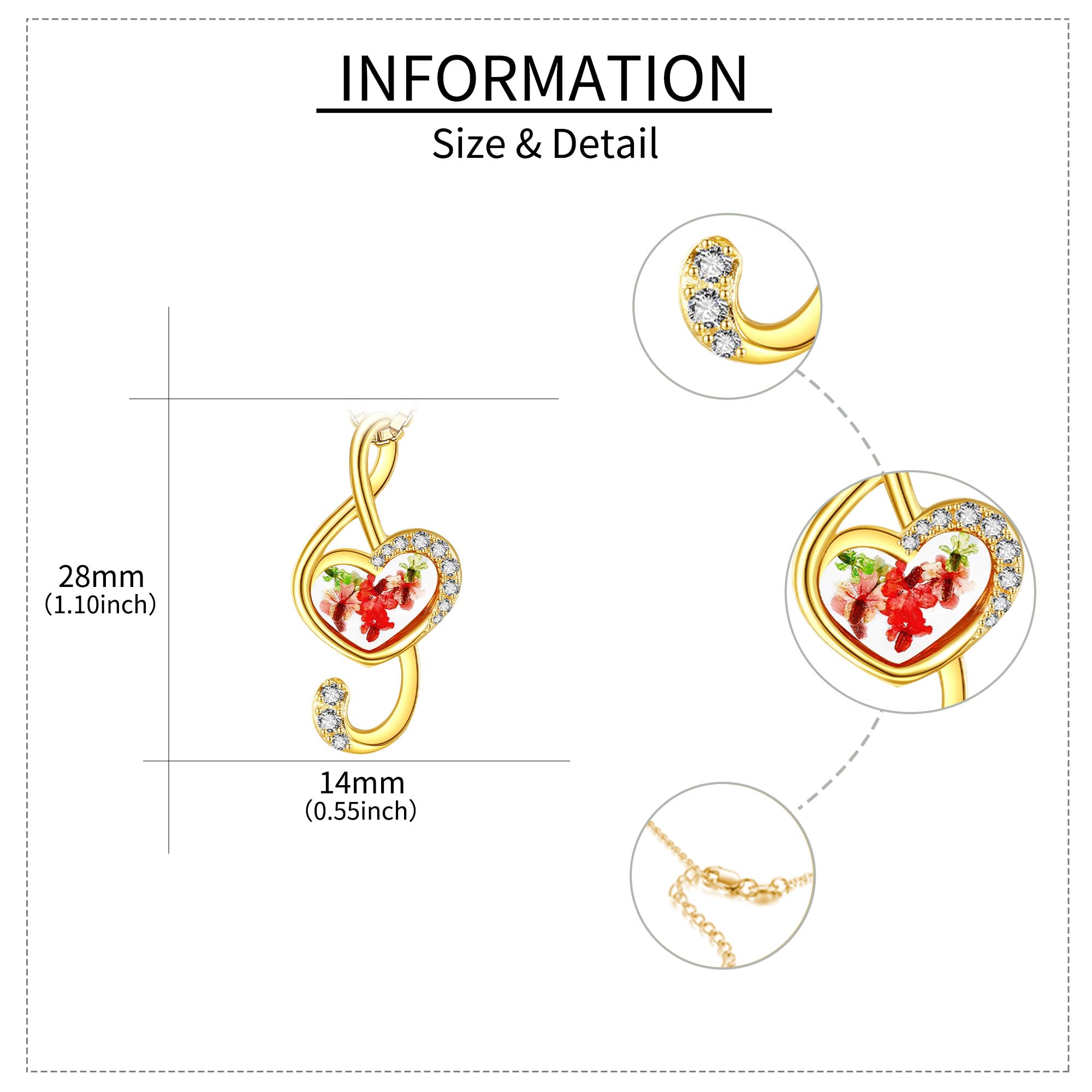 URONE Collana con note musicali in argento Sterling pressato, con fiori secchi, regalo per donne e amanti della musica, Argento sterling