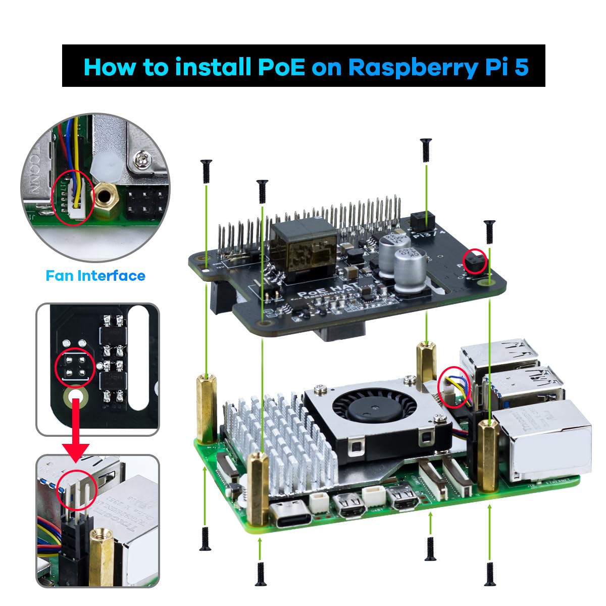 LAFVIN POE HAT Power Over Ethernet para Raspberry Pi 5/4B/3B+,5V/12V Header Outputs,40-pin GPIO Header — view 3