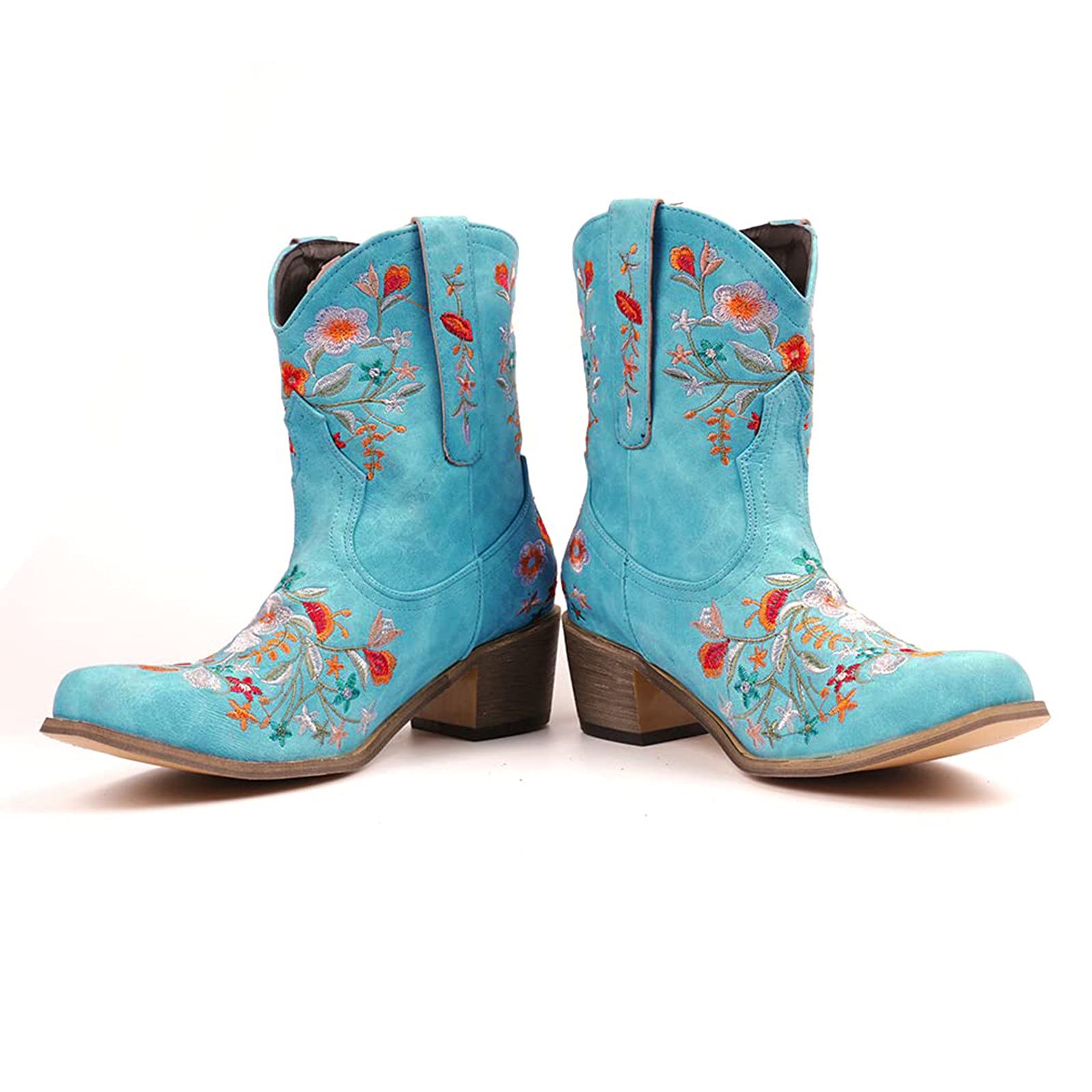 Damskie kowbojskie botki - haftowane kwiaty westernowe buty jeźdźca z kwadratowym noskiem, vintage botki do jazdy konnej z grubym obcasem kwadratowe noski obuwie kowbojskie dla kobiet