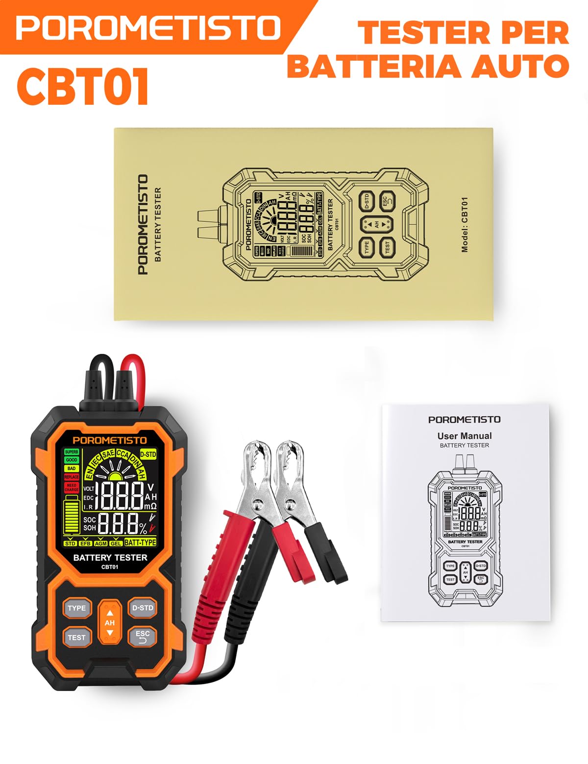 Tester Batteria Auto 12v/24v Professionale, Tester per batterie auto 50-1999 CCA,Tester Batterie per Veicoli/Auto/Moto/SUV,Può Misurare Tensione,Resistenza Interna,CCA, SOC,SOH