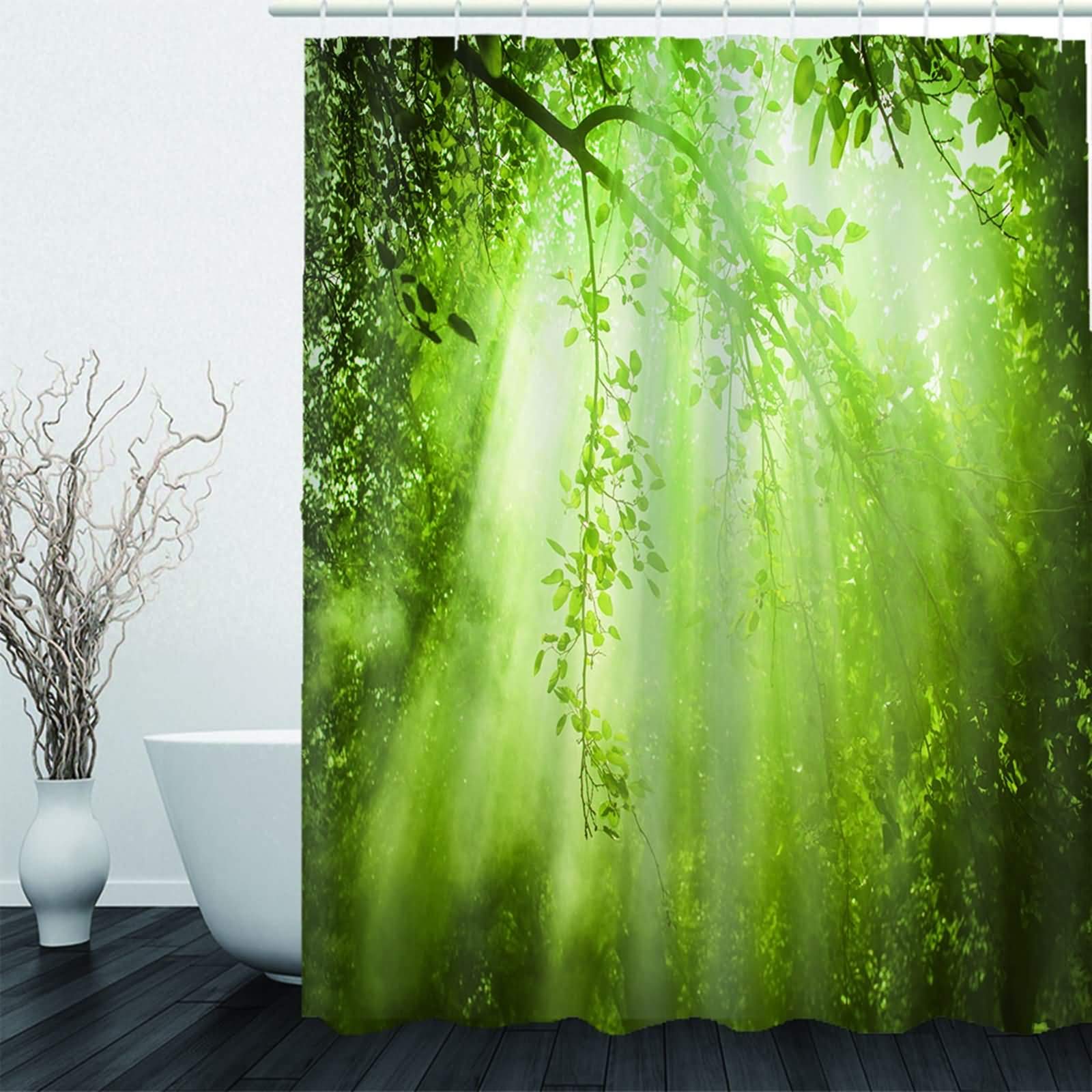 Cortinas de ducha impermeables de tela, cortina de ducha retro natural, 72 x 80 pulgadas, árbol de bosque verde, poliéster, decoración moderna para bañera de baño