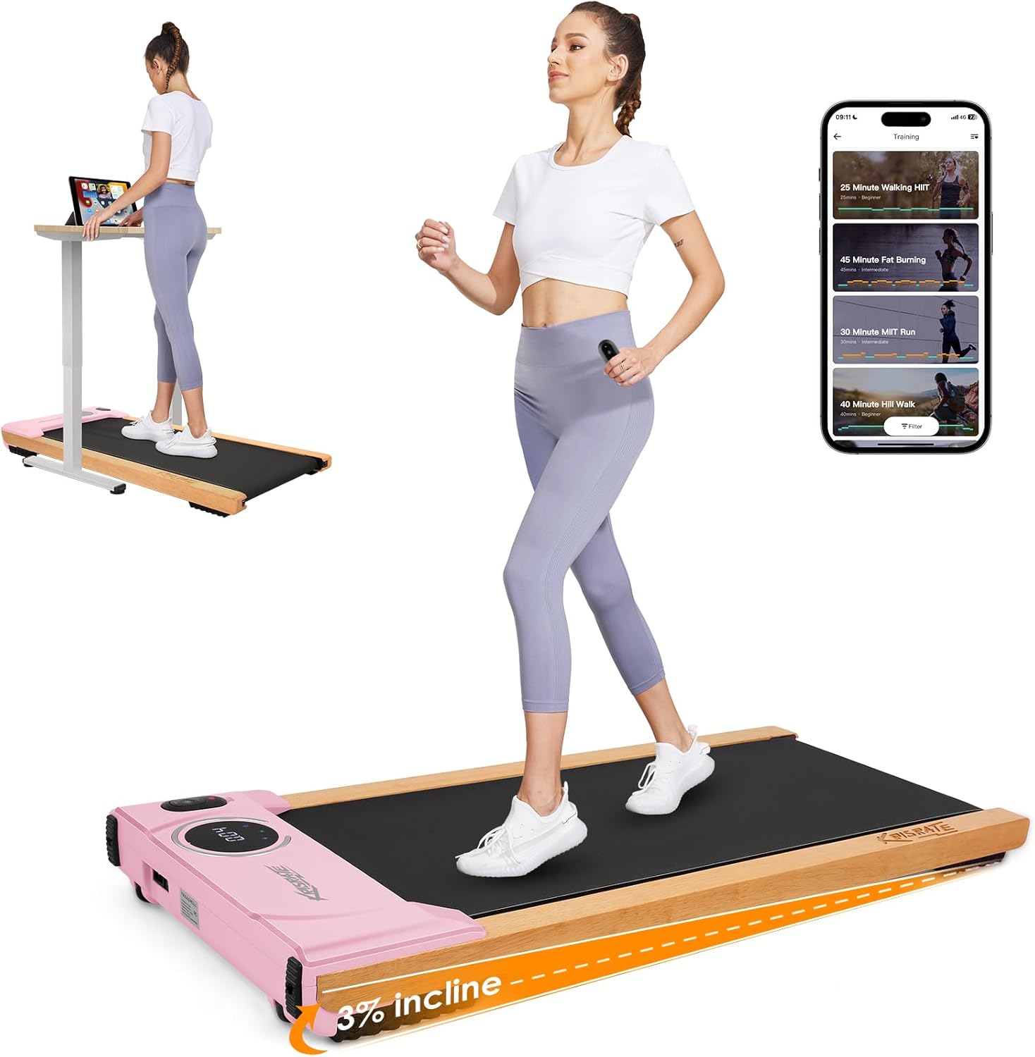 Wood Walking Pad Treadmill for Home Office, Portable Treadmills with Incline, Quiet 2.5HP Walking Machine with Remote Control, Wheels and LED Display, Installation-Free, 300lbs