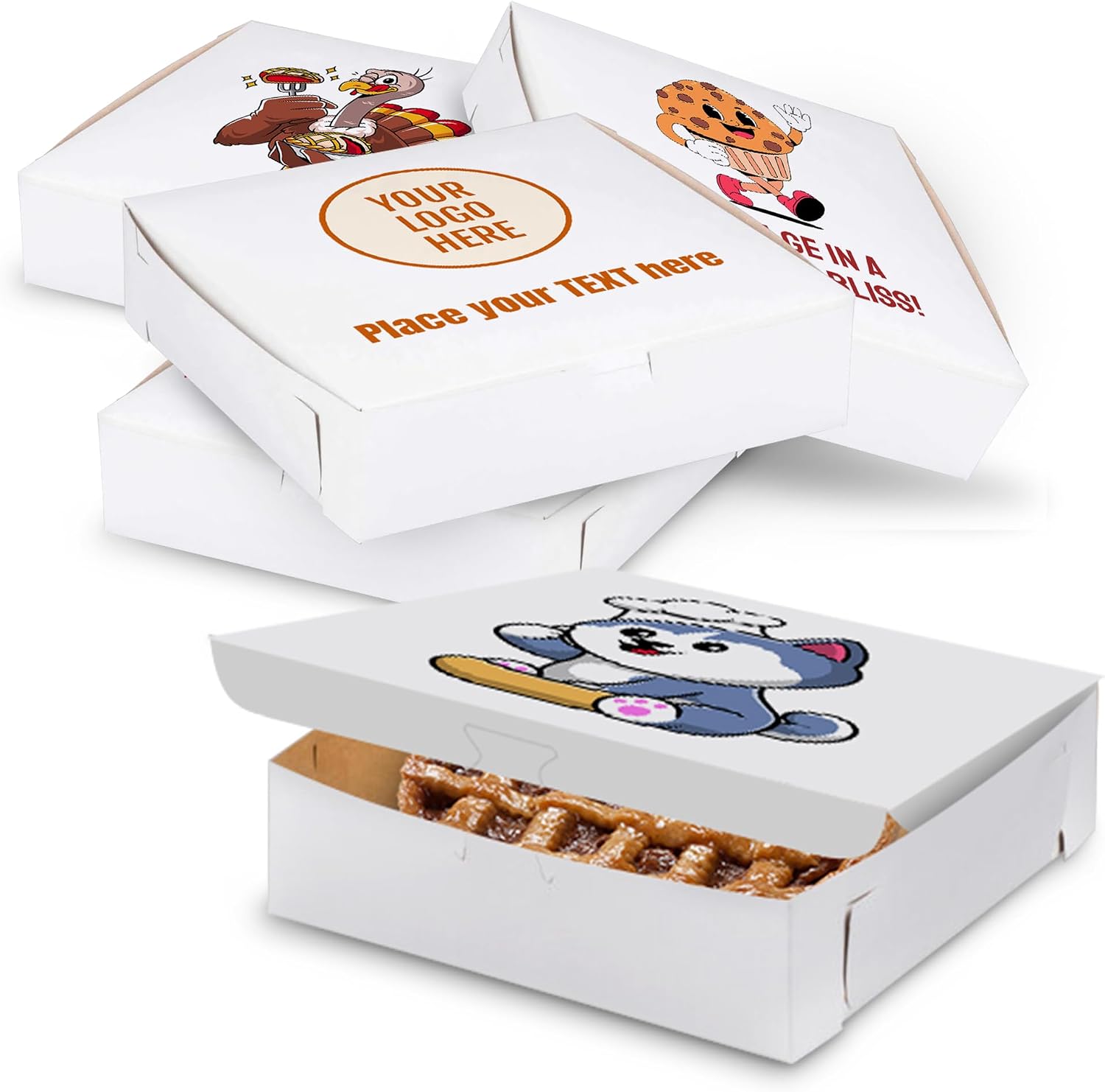 MT Products Custom Printed Bakery Boxes - 9" x 9" x 2.5" White Customizable Cake and Pie Boxes with Logo (Pack of 5) - Made in the USA
