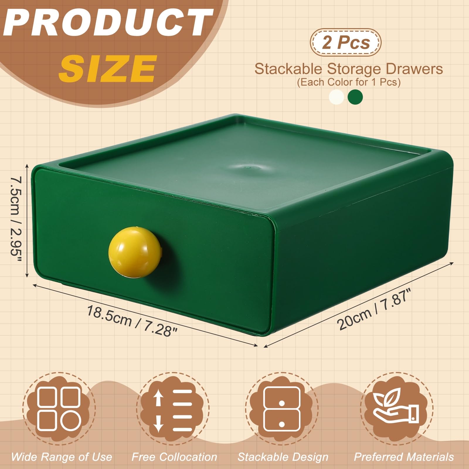 QUARKZMAN 2 Cassetti Impilabili Per Scrivania, Organizzatore Da Tavolo In Plastica Con Cassetti Scatola Di Archiviazione Per Casa Ufficio Cancelleria Trucco Bagno, Bianco/Verde Singolo