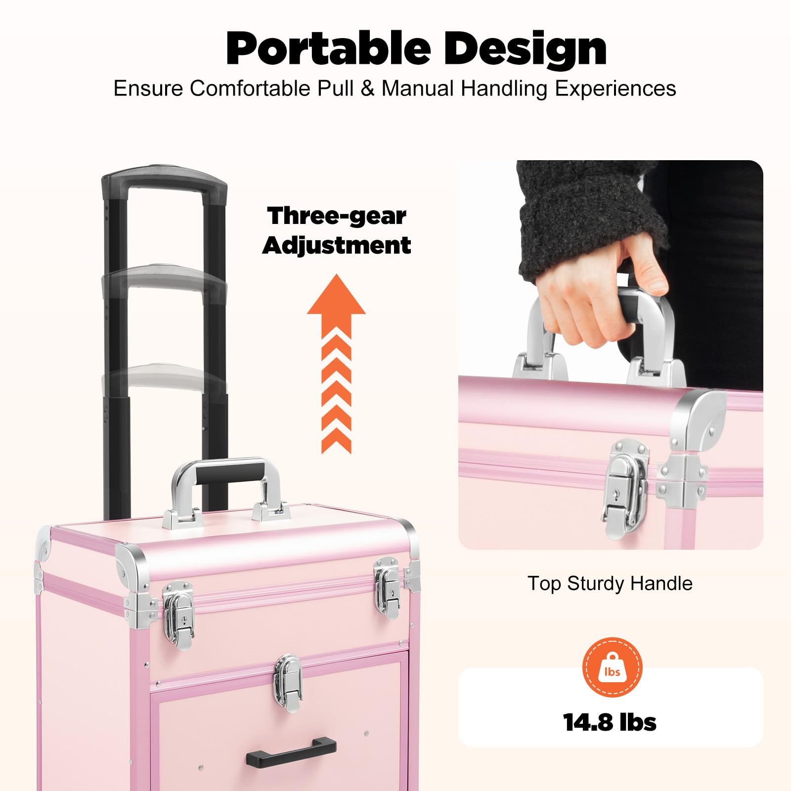 Maletín de maquillaje con ruedas con 50 compartimentos, maletín de maquillaje con 2 cajones y bolsa extraíble, de aluminio, con cerradura, capacidad de carga de 50 kg, color rosa