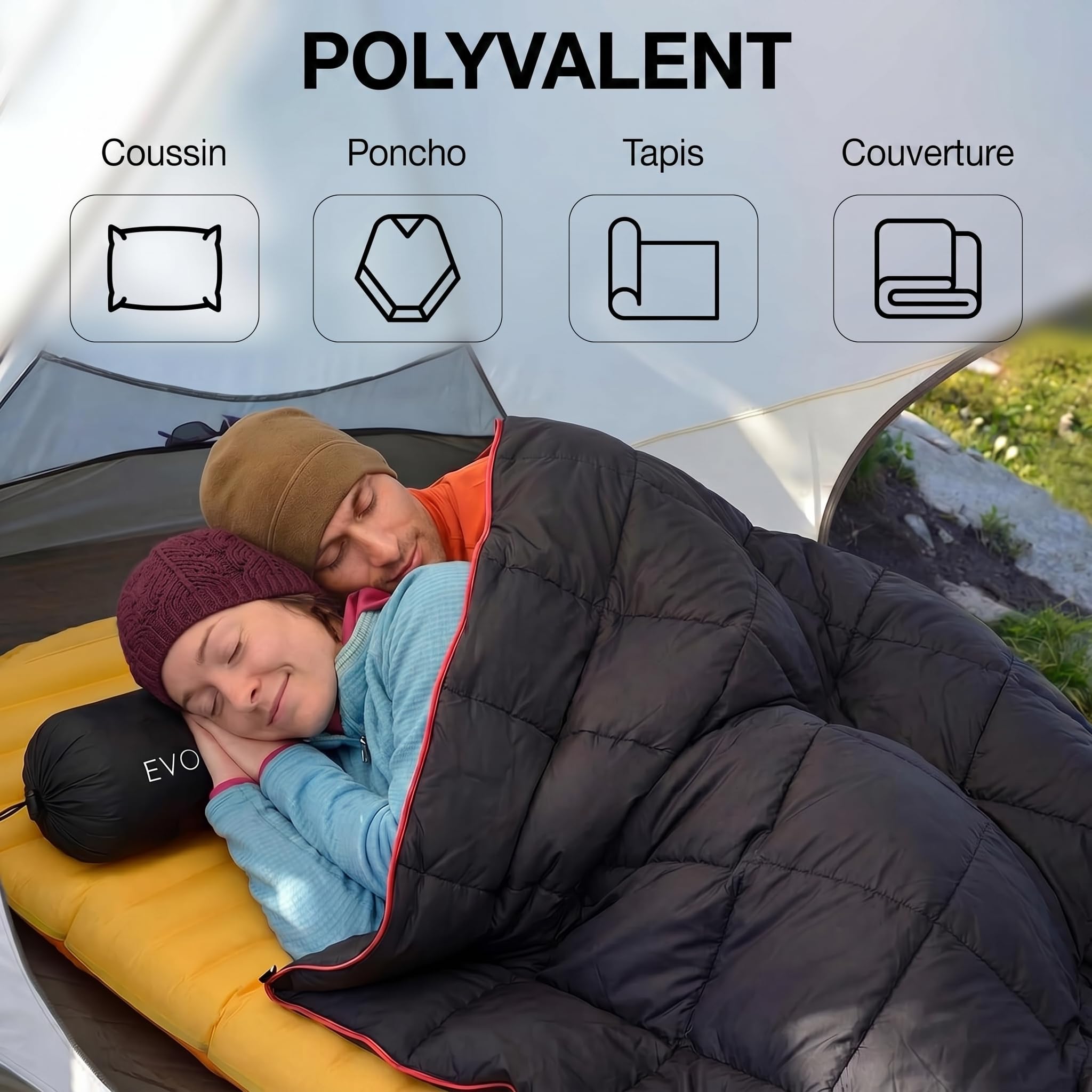 EVOCAMP Couverture de Camping 200x140 cm, imperméable, ultralégère, 0,68 kg, avec Sac de Rangement, Pliable, idéale pour Le Camping et Les activités Outdoor, Noire