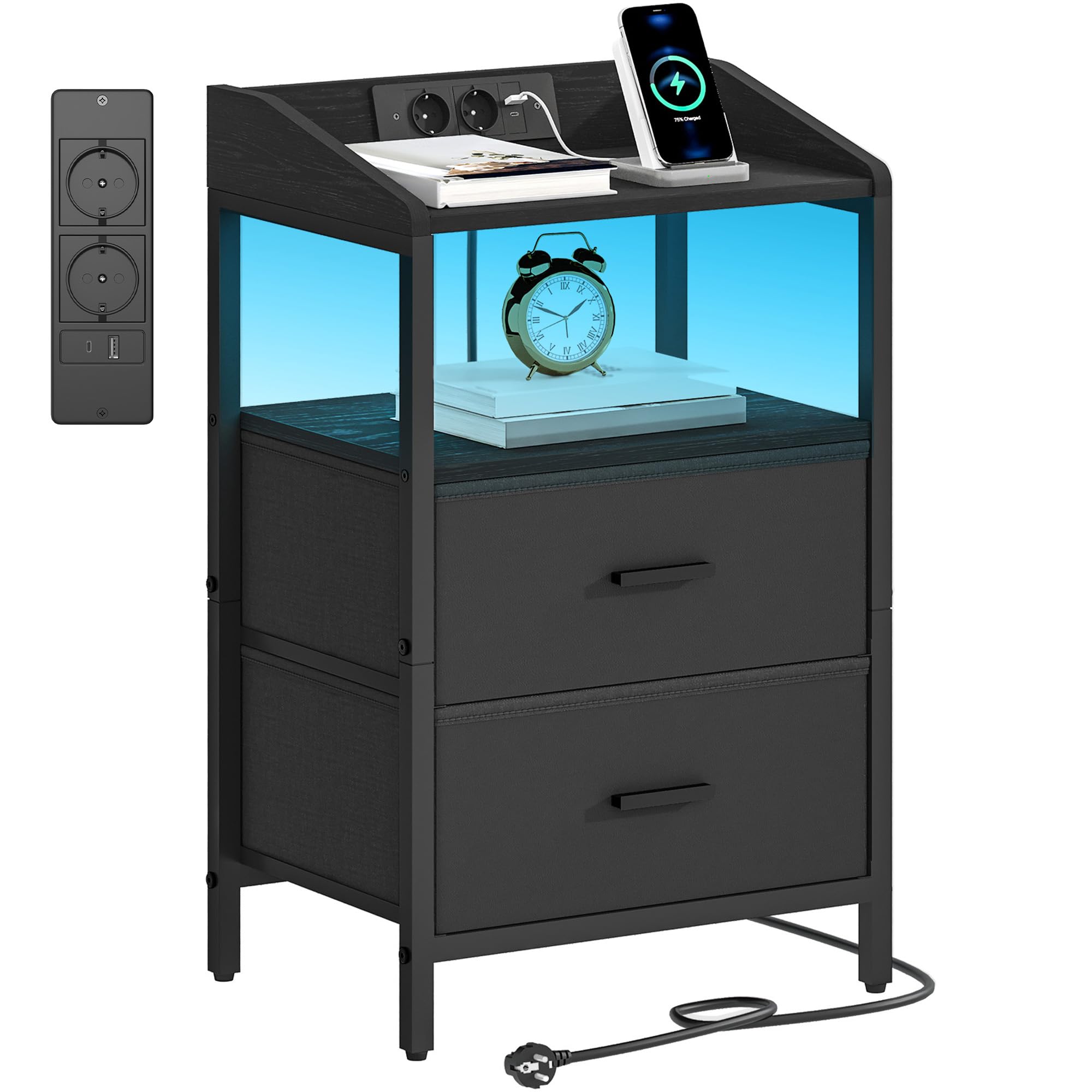 Fixwal Comodino Alto 104 Cm Con Luci LED RGB E Stazione Di Ricarica USB E Presa - 3 Cassetti In Tessuto, Struttura In Metallo, Finitura PU, Marrone Rustico