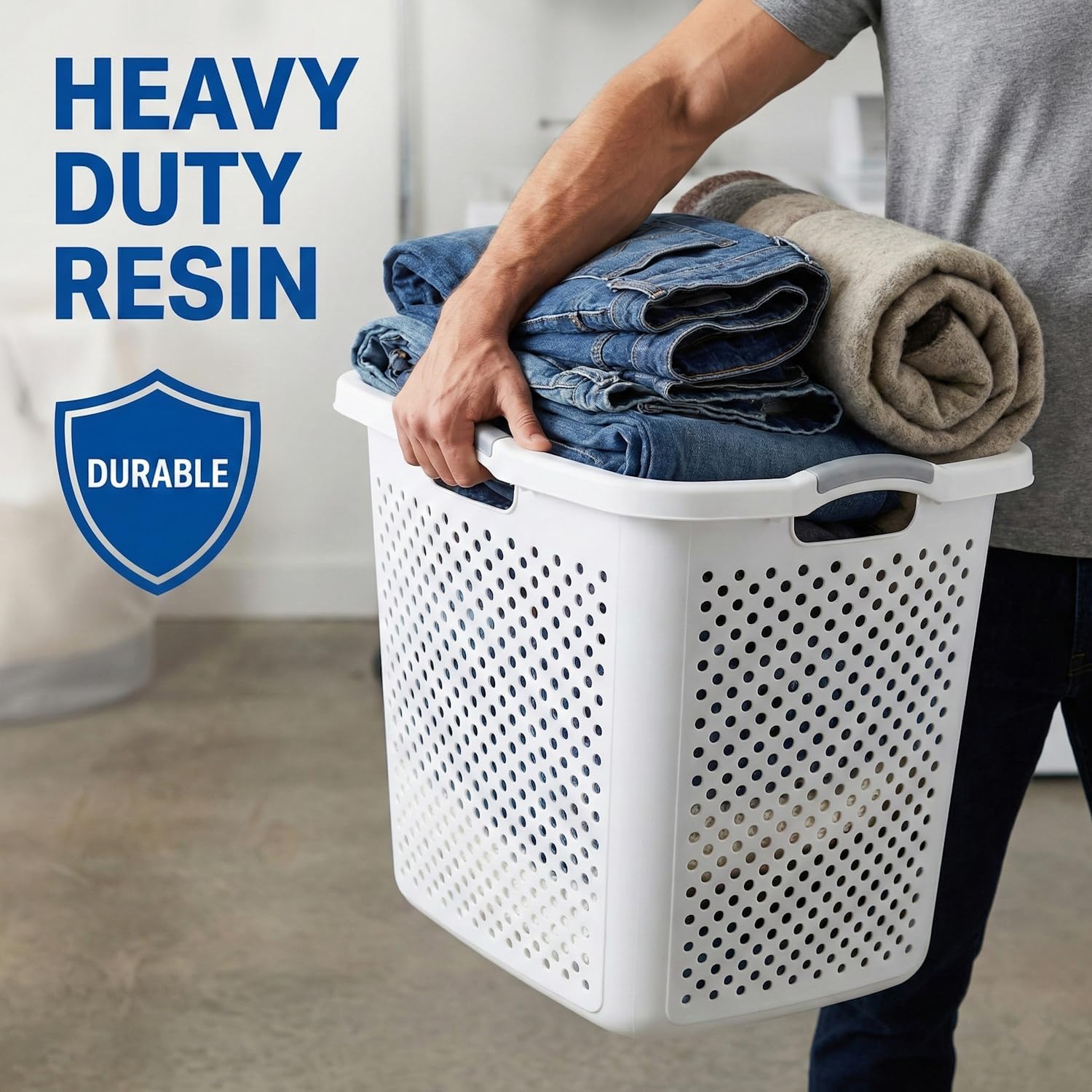 Extra Large 2.5 Bushel Plastic Laundry Hamper Basket - Tall Ventilated Clothes Bin with 4-Way Easy-Grip Handles, Heavy Duty Washing Storage for Bedroom, Bathroom, and Dorm Organization, White