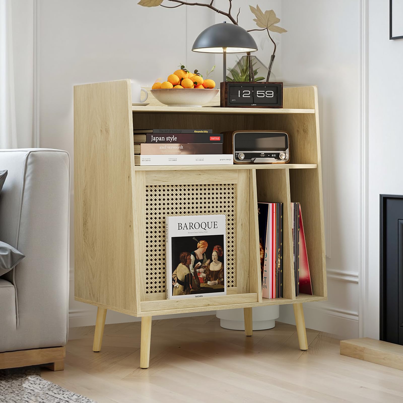 Kiasthome Schallplattenschrank, Vinyl Aufbewahrung mit Plattenspieler-Tisch für Wohnzimmer (Hellholz Rattan - Hoch)