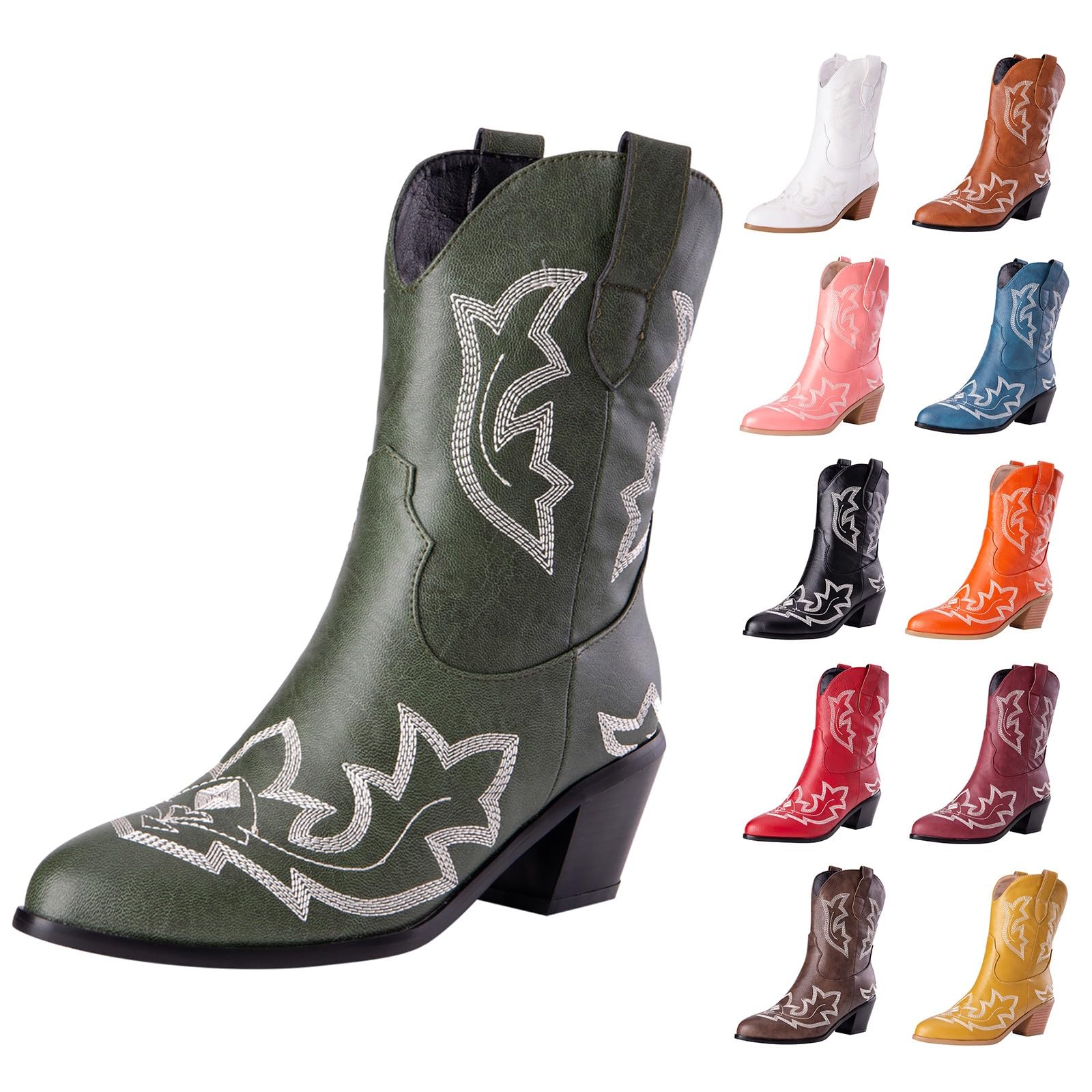 Stivali da cowboy da donna, vestibilità larga, a metà polpaccio, senza lacci, con tacco spesso, casual, eleganti, ricamati in stile western, scarpe da sposa classiche retrò a punta, stile country