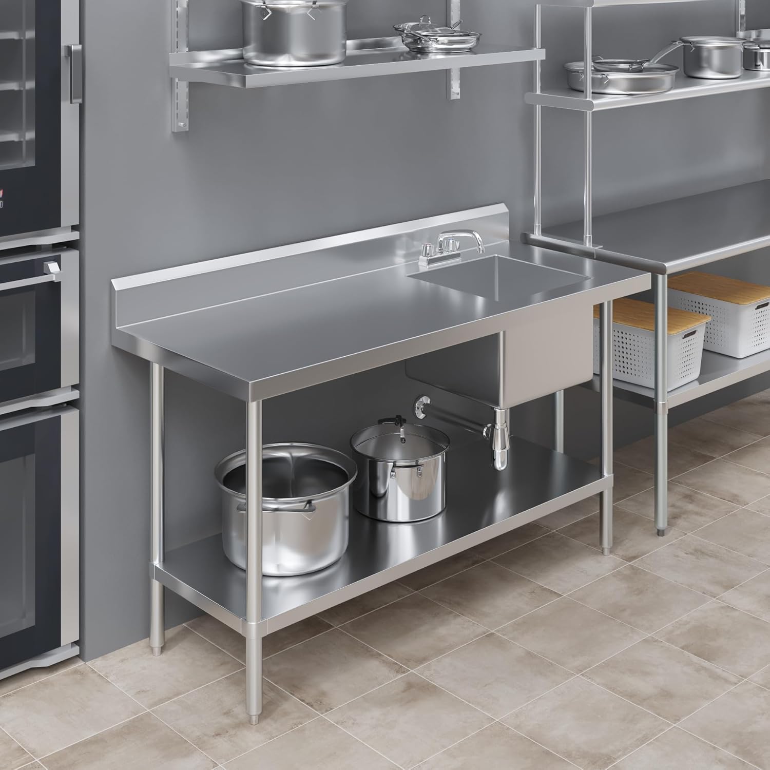 60 in. x 24 in. Stainless Steel Work Table with Built-in Right Prep Sink and Faucet