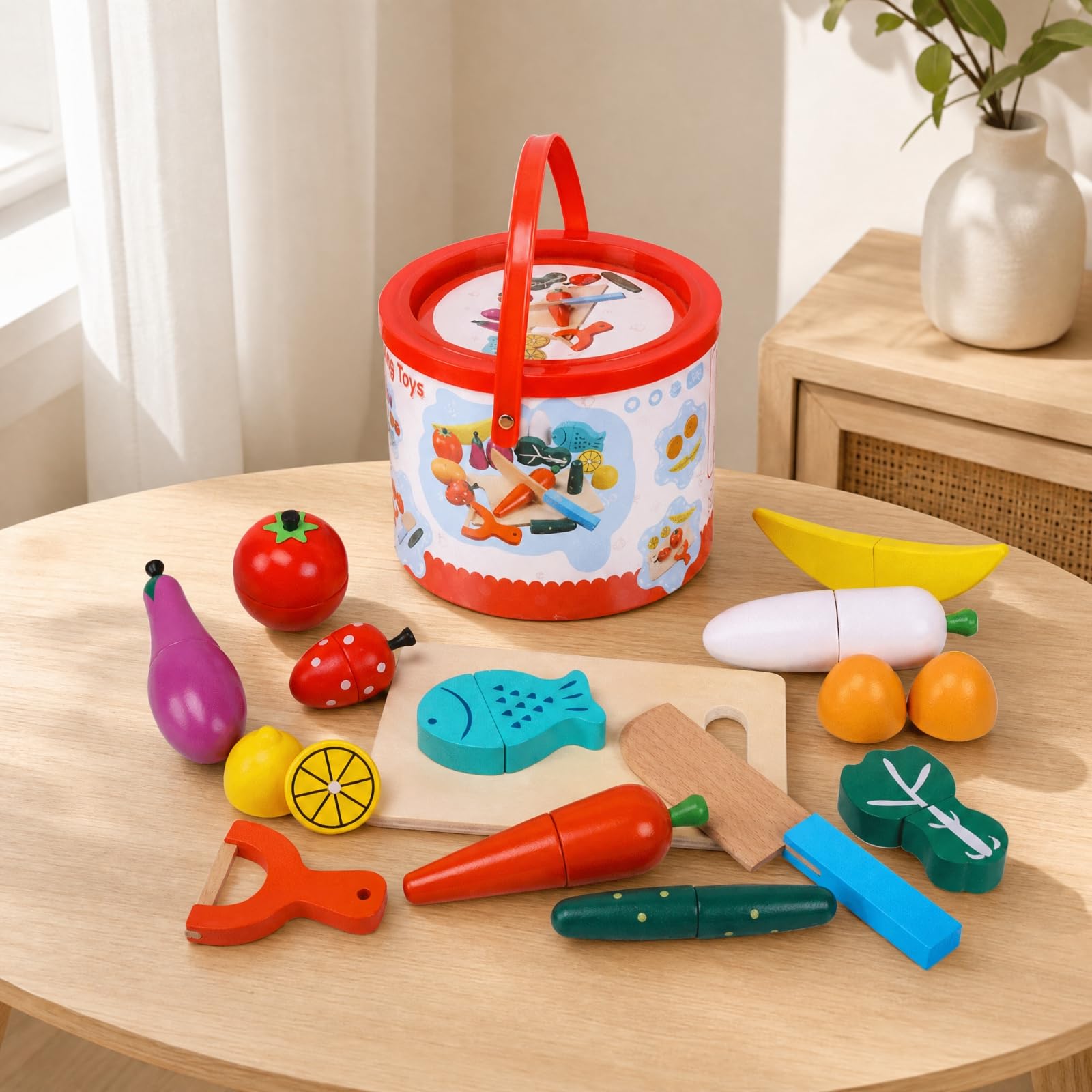 Set di Alimenti Vegetali Giocattolo con Secchio Realistico Kit di Giocattolo con Tagliere e Strumento Tossico