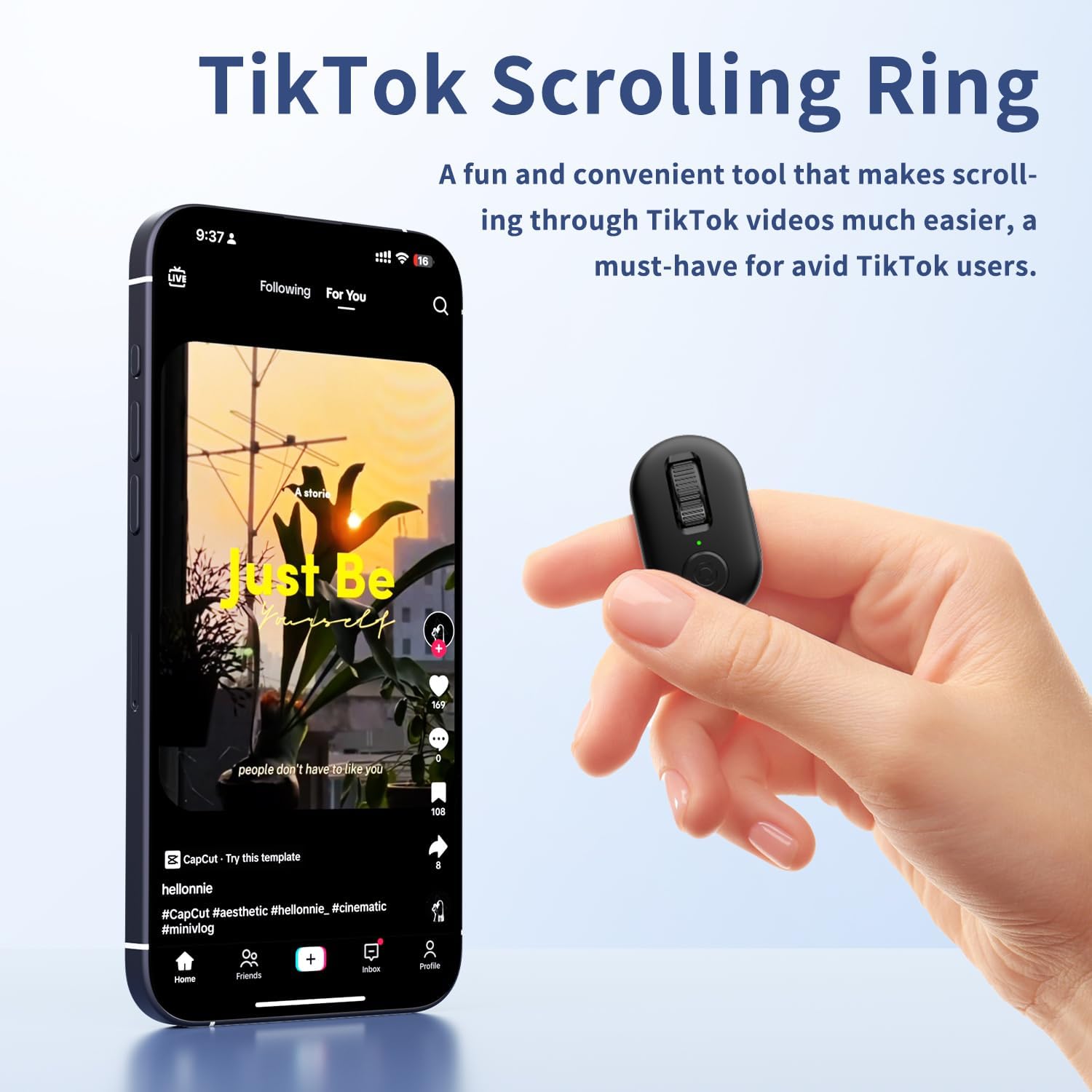 Hand holding KINMATES Scrolling Ring while using TikTok on a smartphone