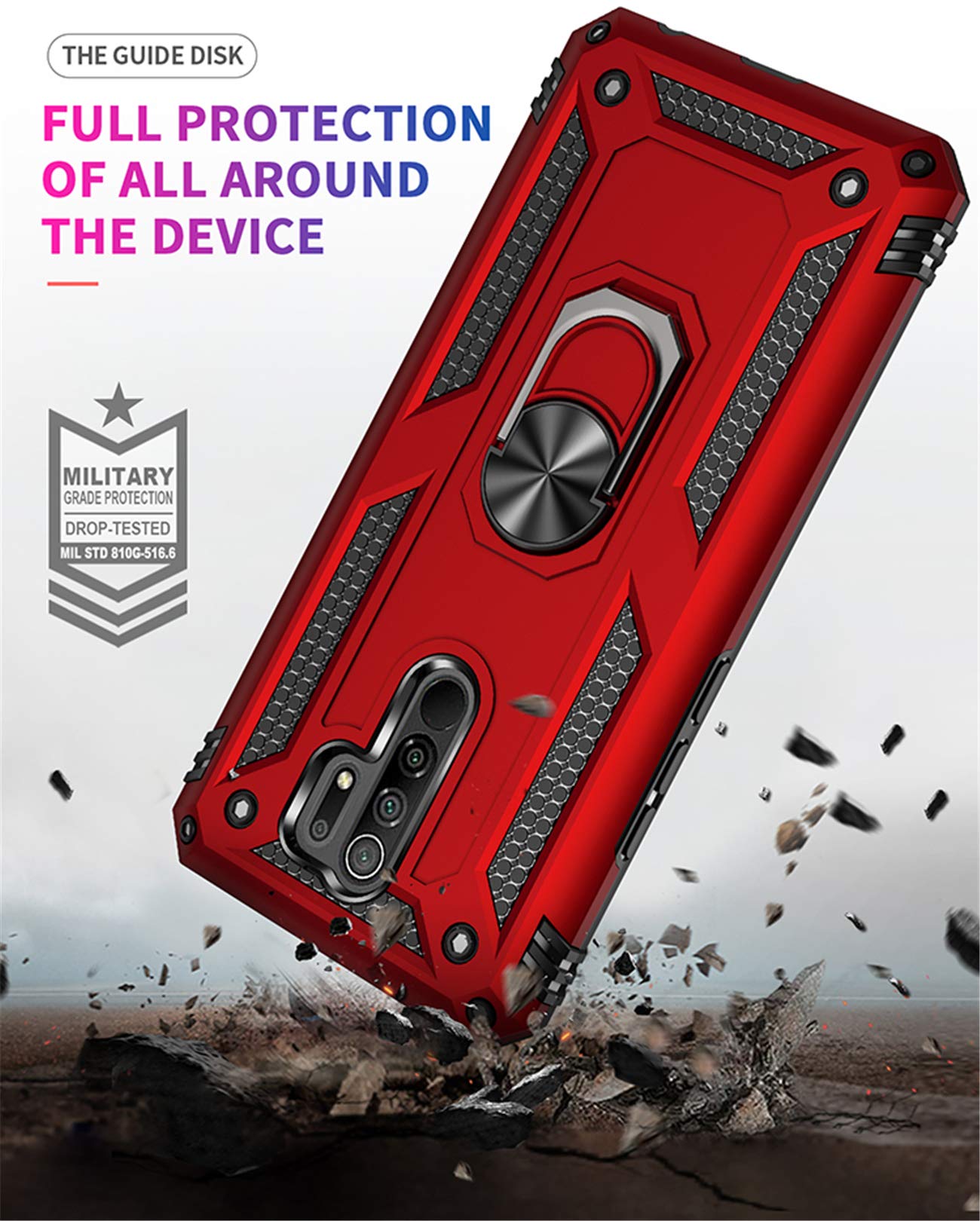 Joytag compatibles para Funda Xiaomi Redmi 9，Carcasa +Cristal Templado Silicona TPU 360 Grados Anillo Giratorio magnético Soporte Caja del teléfono del Coche-Negro — view 7