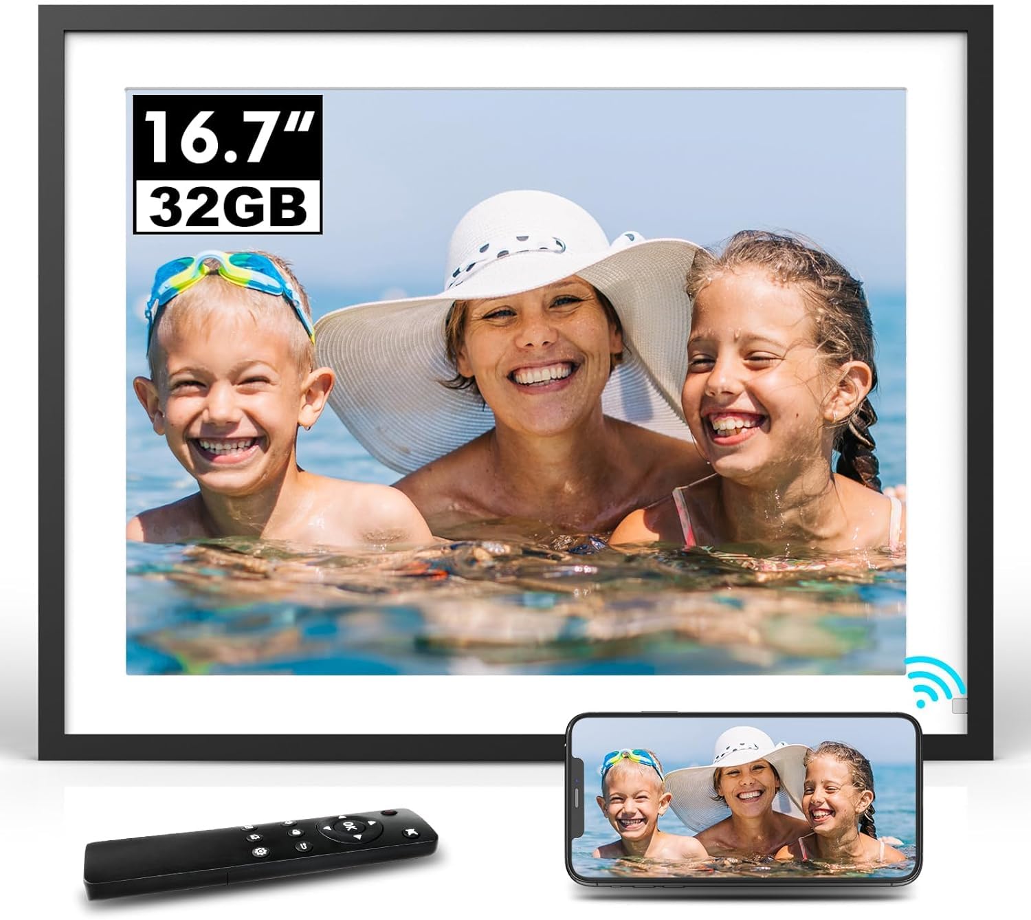 Bsimb16.7 Inch Large Digital Picture Frame, Digital Photo Frame WiFi Photo Frame Electronic Touchscreen with 32GB HD IPS, Remote Control, Auto-Rotate, Wall-Mounted, Share Photos&Videos via App&Email