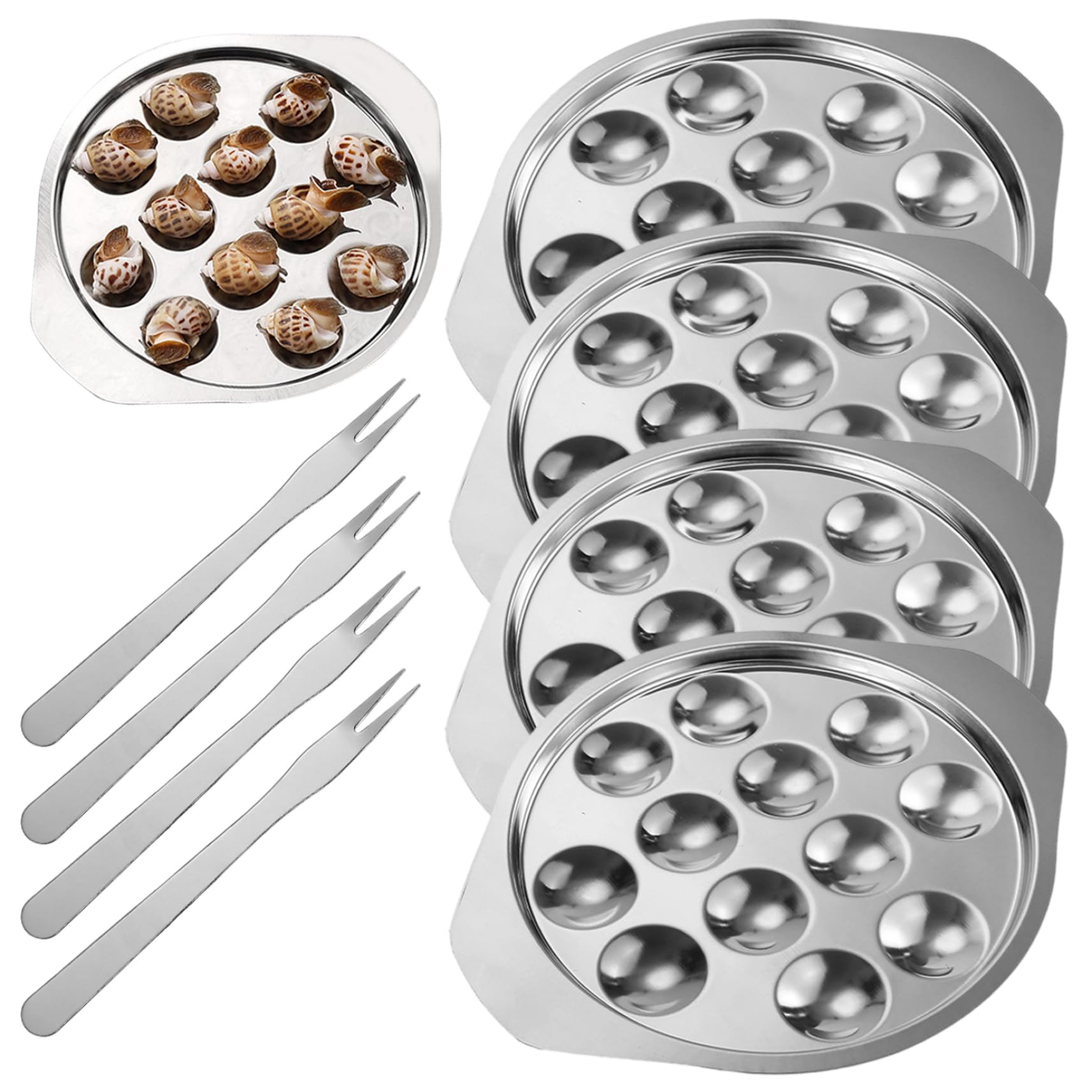 CAKEEYUM 4Pcs Escargot Baking Dish 12 Holes Stainless Steel Escargot Plate with 4 Forks for Mushroom Seafood Home Restaurant Hotel Kitchen Baking Dish, Plate, Pan