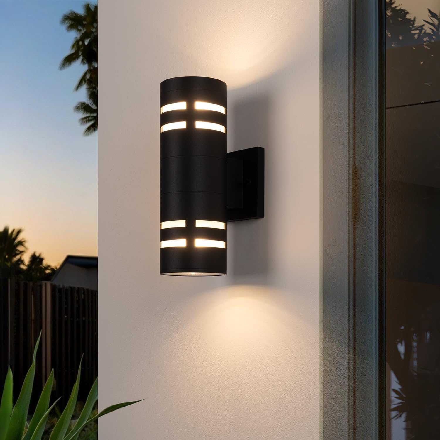 mirrea 12in Modern Outdoor Porch Light Patio Light in 2 Lights with Aluminum Cylinder and Tempered Glass Cover Waterproof Wall Sconce Matte Black 2 Pack