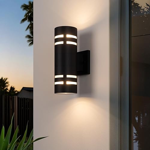 Miniatura 4 de mirrea Lámpara moderna de 12 pulgadas para porche al aire libre en 2 luces con cilindro de aluminio y cubierta de vidrio templado, aplique de pared