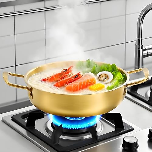 Miniatura 6 de Juego de 3 ollas coreanas para fideos ramen con asas, de acero inoxidable, doradas, para cocinar, pasta, uso doméstico y exterior, 7.7 pulgadas, 8.4