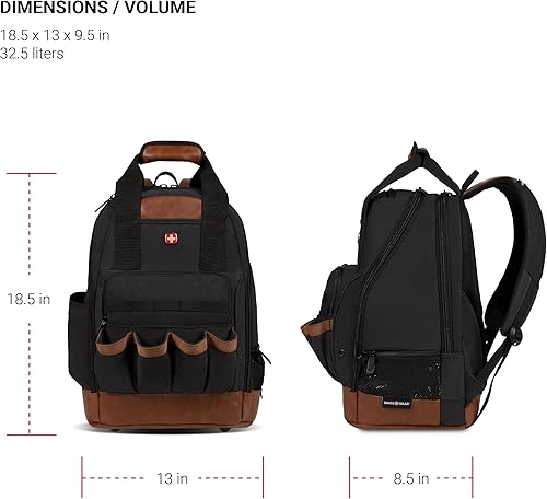 Miniatura 7 de SwissGear Mochila para herramientas, se adapta a portátiles de hasta 15 pulgadas, paquete de trabajo, lona negromarrón, Negromarrón lona, Paquete de