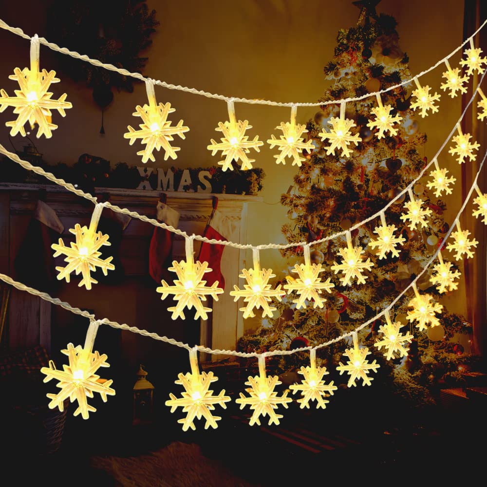 YUDI Snowflake String Lights 60 LED 29.7 Ft Christmas Lights,Snowflakes Fairy Lights,3 Modes Xmas Light Waterproof for Outdoor Indoor Room and Decorations,Battery Operated