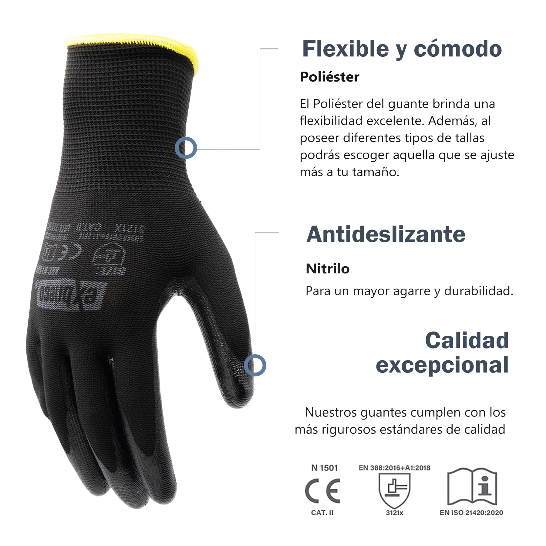 Guantes de Trabajo Profesionales Ideales para Automotriz, Construcción y Embalaje, Guantes de Protección CAT2 en Poliéster y Nitrilo, Precisión Táctil, Multipropósito, Cómodos, Resistentes