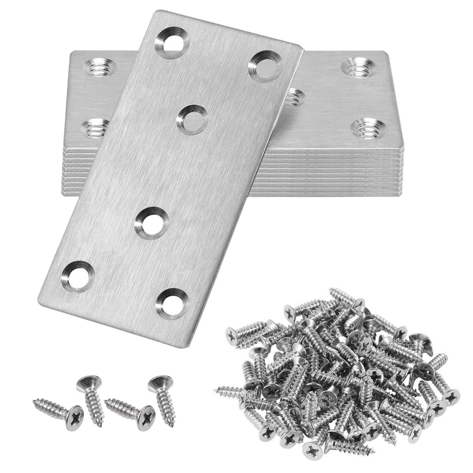80x40mm Flat Brackets for Wood, 10 PCS Heavy Duty Mending Plates with 60PCS M4 x 16mm Screws, Stainless Steel Brackets for Wood Fixing, Garden Fence, Timber Furniture Repair Connector