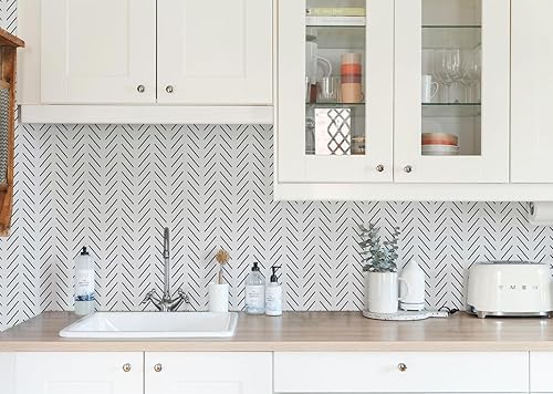 Miniatura 9 de Orainege - Papel de colgadura adhesivo negro y blanco con diseño de espina de pescado, diseño geométrico moderno de rayas negras, autoadhesivo y