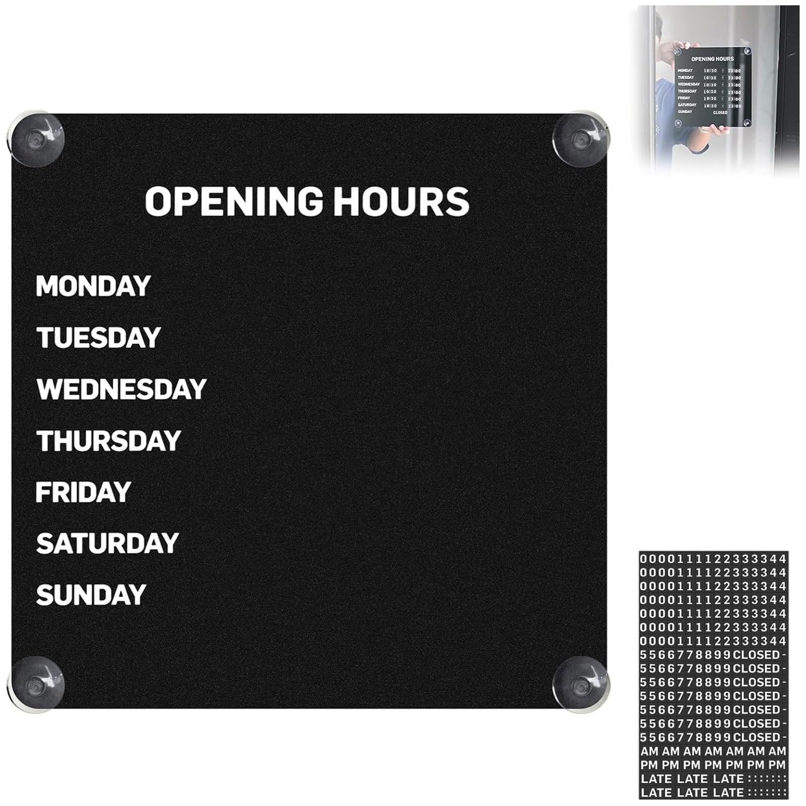 Metal Magnetic Business Hours Sign, Changeable Reusable Schedule Board with Suction Cups and Magnetic Numbers, Opening Hours Sign, for Storefronts, Salons, Offices and Glass Doors(Black)