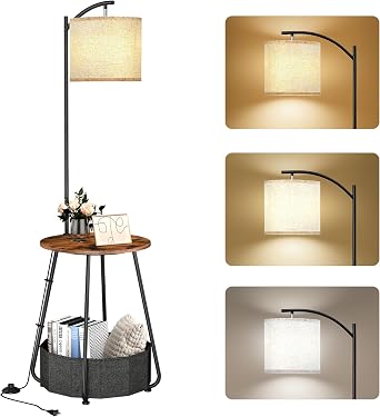 LUTEC Floor Lamp with Table, Night Stand with Lamp, Round SideTable with Fabric Basket, 3 Color Temperatures 9W LED Bulb, Modern End Table for Bedroom, Living Room, Rustic Brown