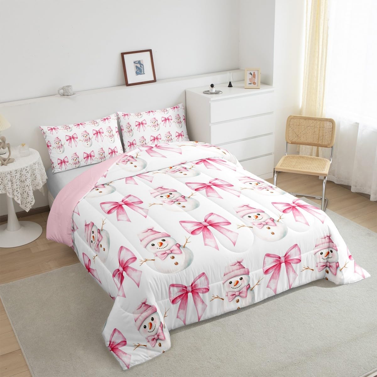 Cartoon Snowman Kids Comforter Set Queen Size,Pink Bowknot Bow Tie Princess Toddler Bedding Set,Girls Women Room Decor,Merry Christmas Xmas Bow Down Comforter,New Year Duvet Insert,2 Pillowcases