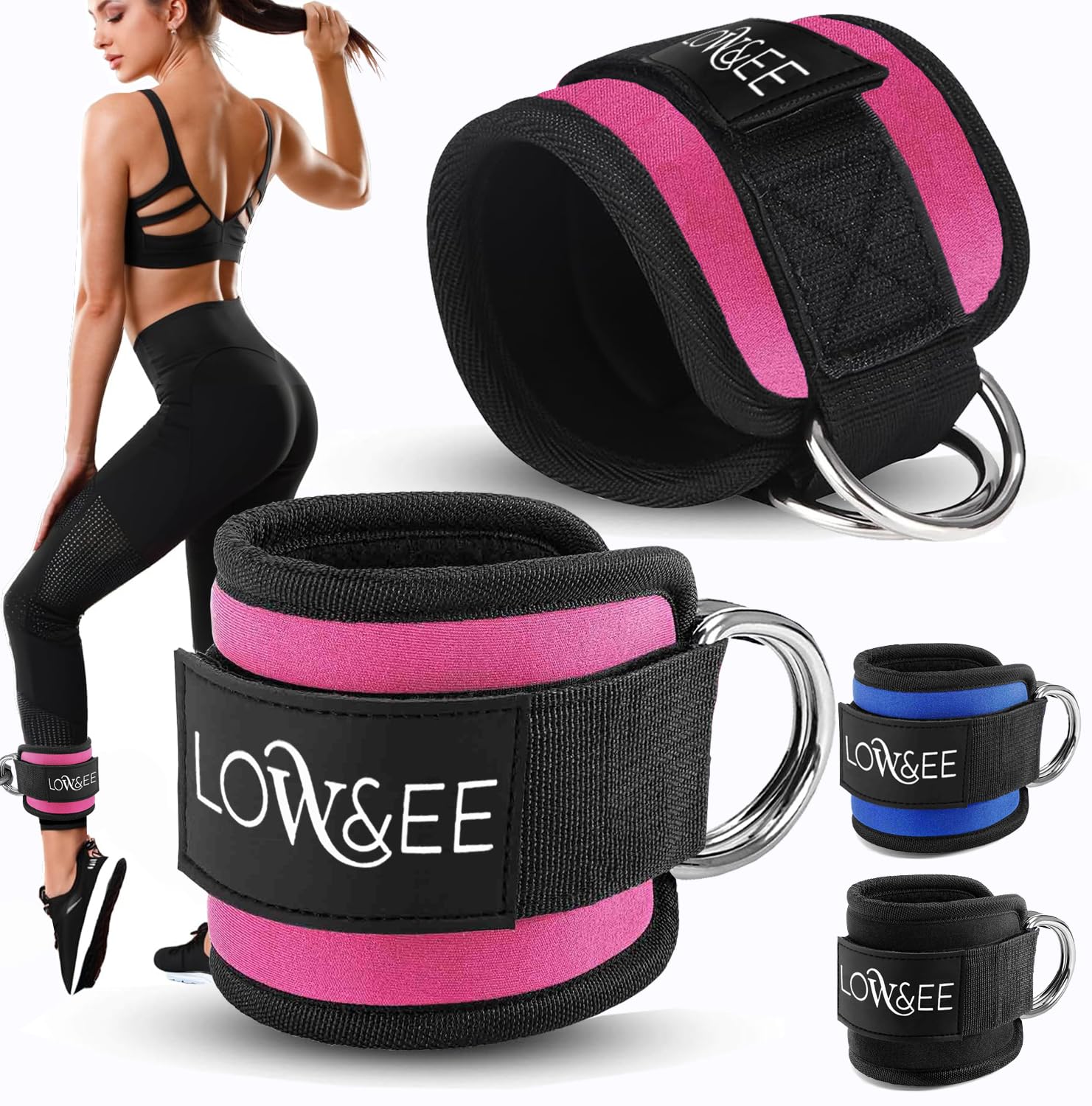 LOW&EE® Confezione da 2 Cinturini alla caviglia con puleggia da palestra - Cinturini alla cavigliere con puleggia imbottiti per donne e uomini - Cinturino alla caviglia da palestra per macchine (rosa)