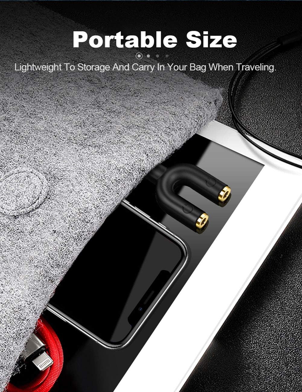 CableCreation headphone splitter adapter stored in a bag next to a phone and tablet
