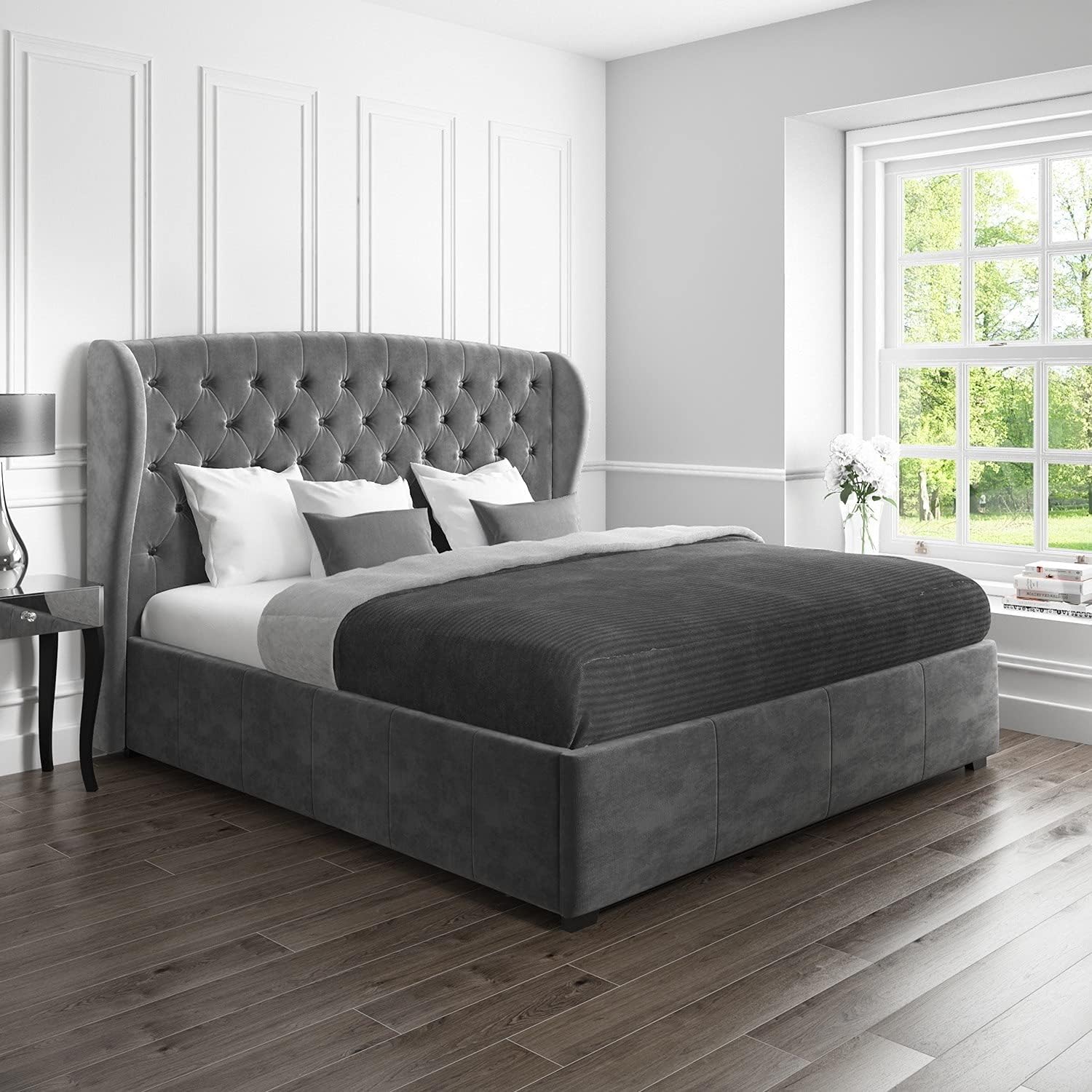 SafinaGrey Velvet Super King Ottoman Bed with Winged Headboard