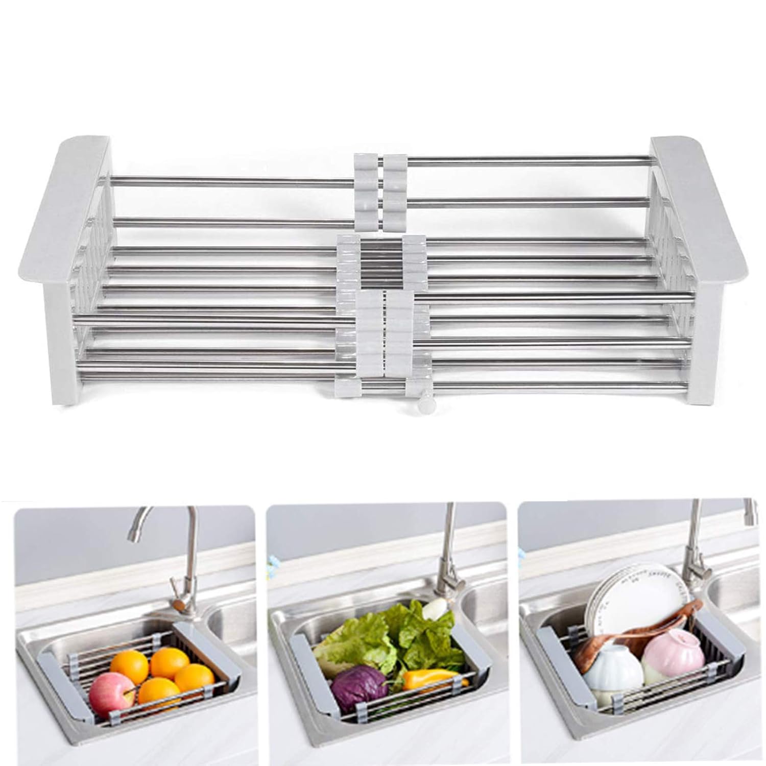 Stainless Telescopic Sink Storage Rack - Expandable Drain Basket Rack ...