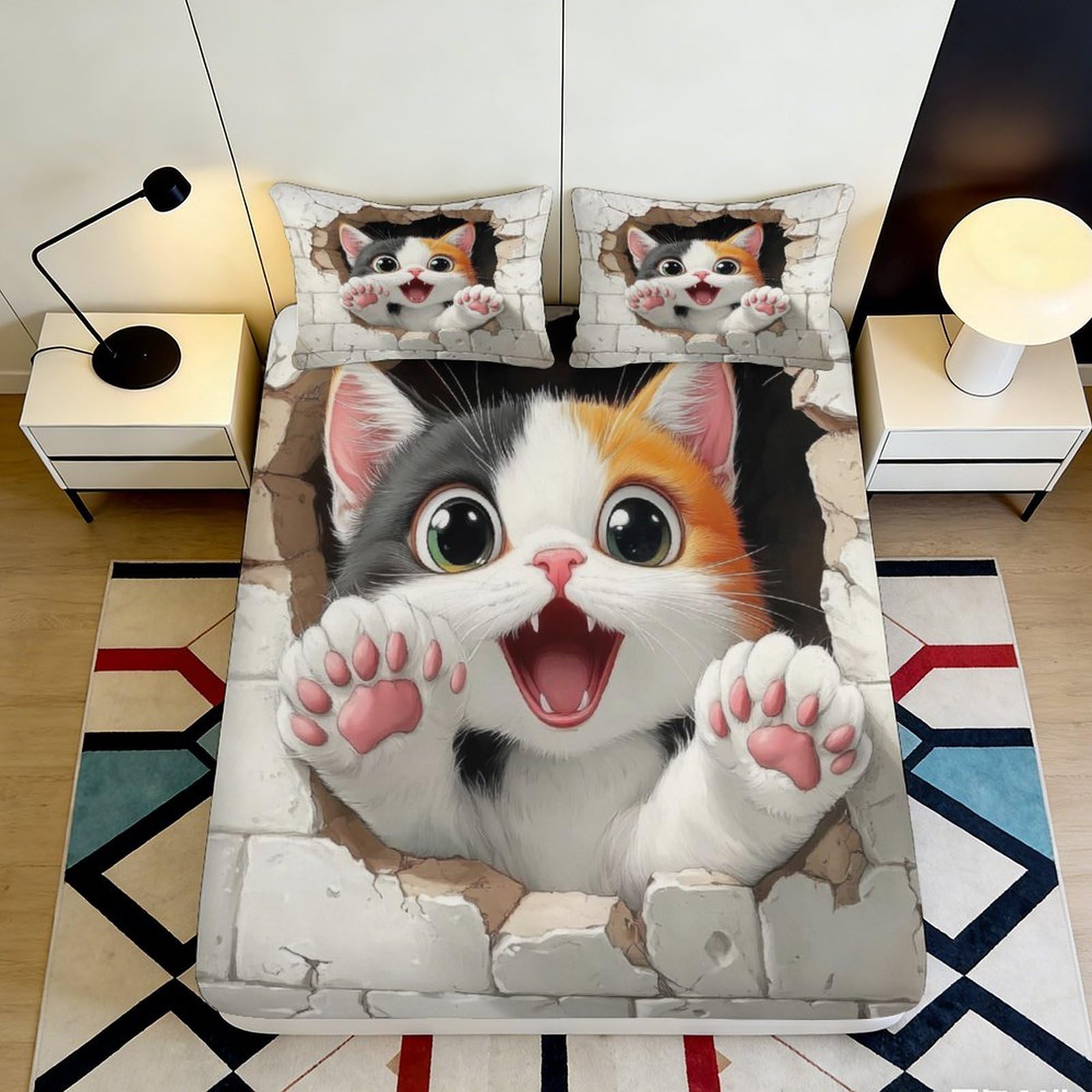 3D Printed Cute Cat Fitted Sheet Microfiber Soft Breathable Playful Kitten Bed Cover for Bedroom Dormitory Guest Room Mattress Protection Decor 180x200x25cm