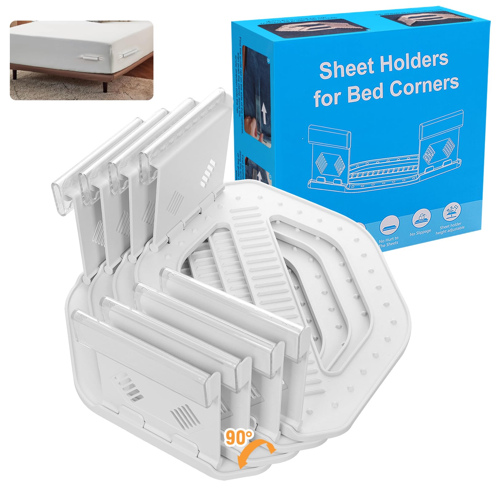 Jovyll Bed Sheet Holders for Corners | Heavy Duty Bed Sheet Clips & Sheet Locks to Keep Sheets Firm & Tight | Newly Upgraded Bed Sheet Grippers with a Strong Grip and 90° Foldable Design (4PCS)