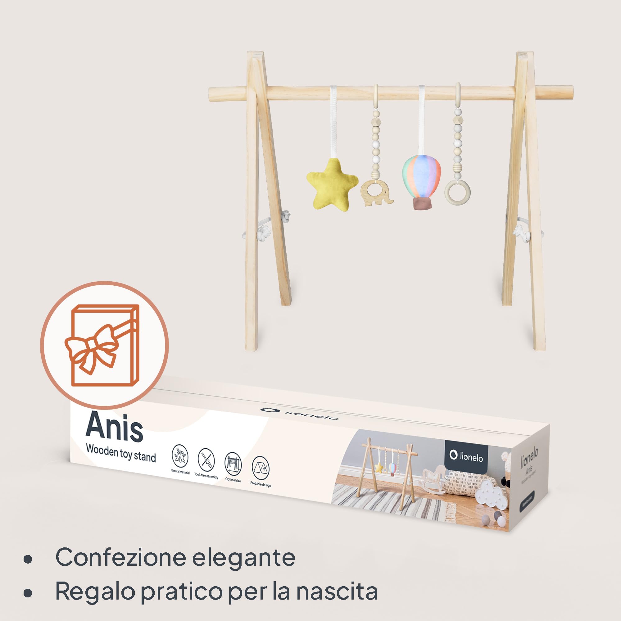 Lionelo Anis Palestrina Legno Baby Gym Giochi Rimovibili Pieghevole Centro Attività Neonato Giocattolo Montessori
