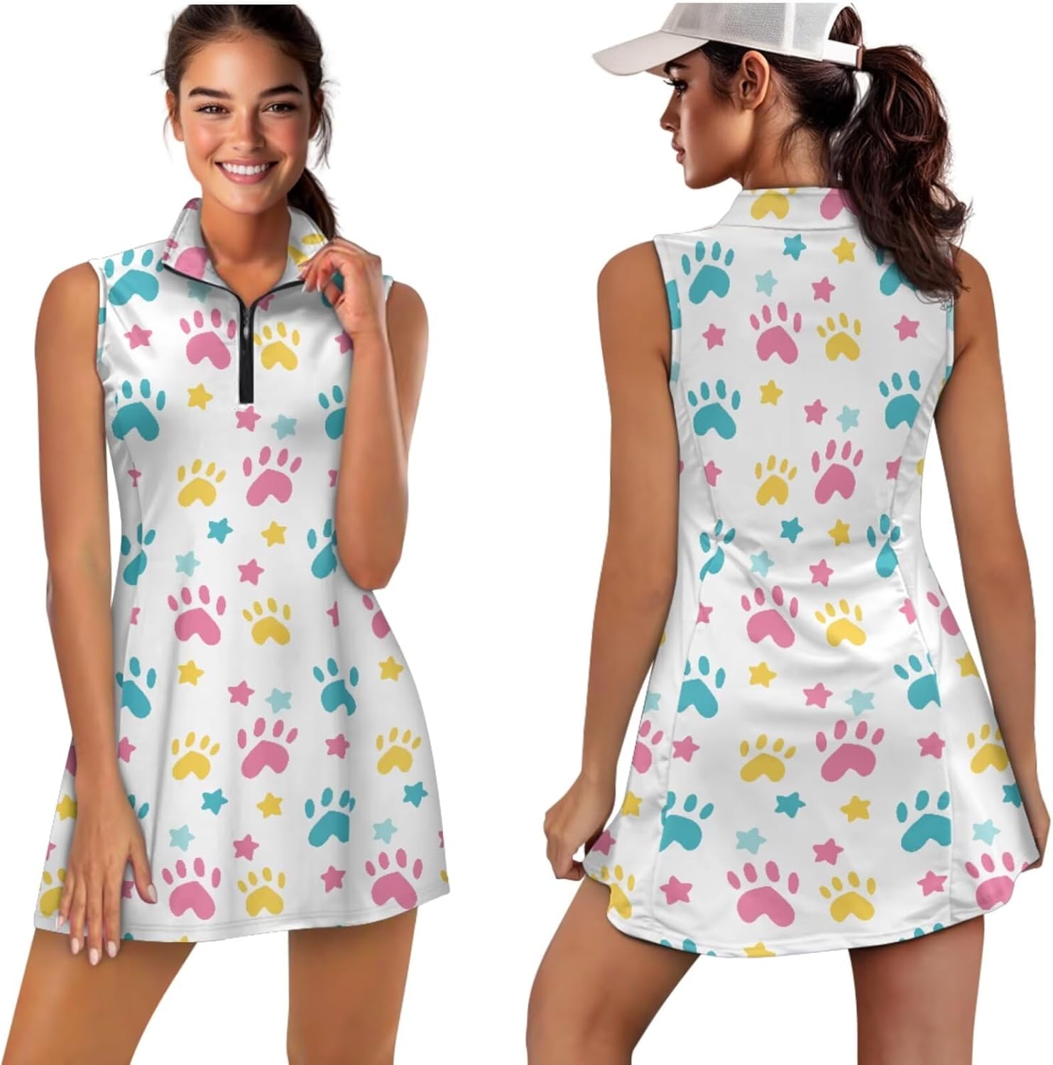 COEQINE Tennis Dresses for Women with Shorts Zip Front Golf Dress with Pockets for Alethic Foldable Visor Hat 3Pcs,XS-2XL