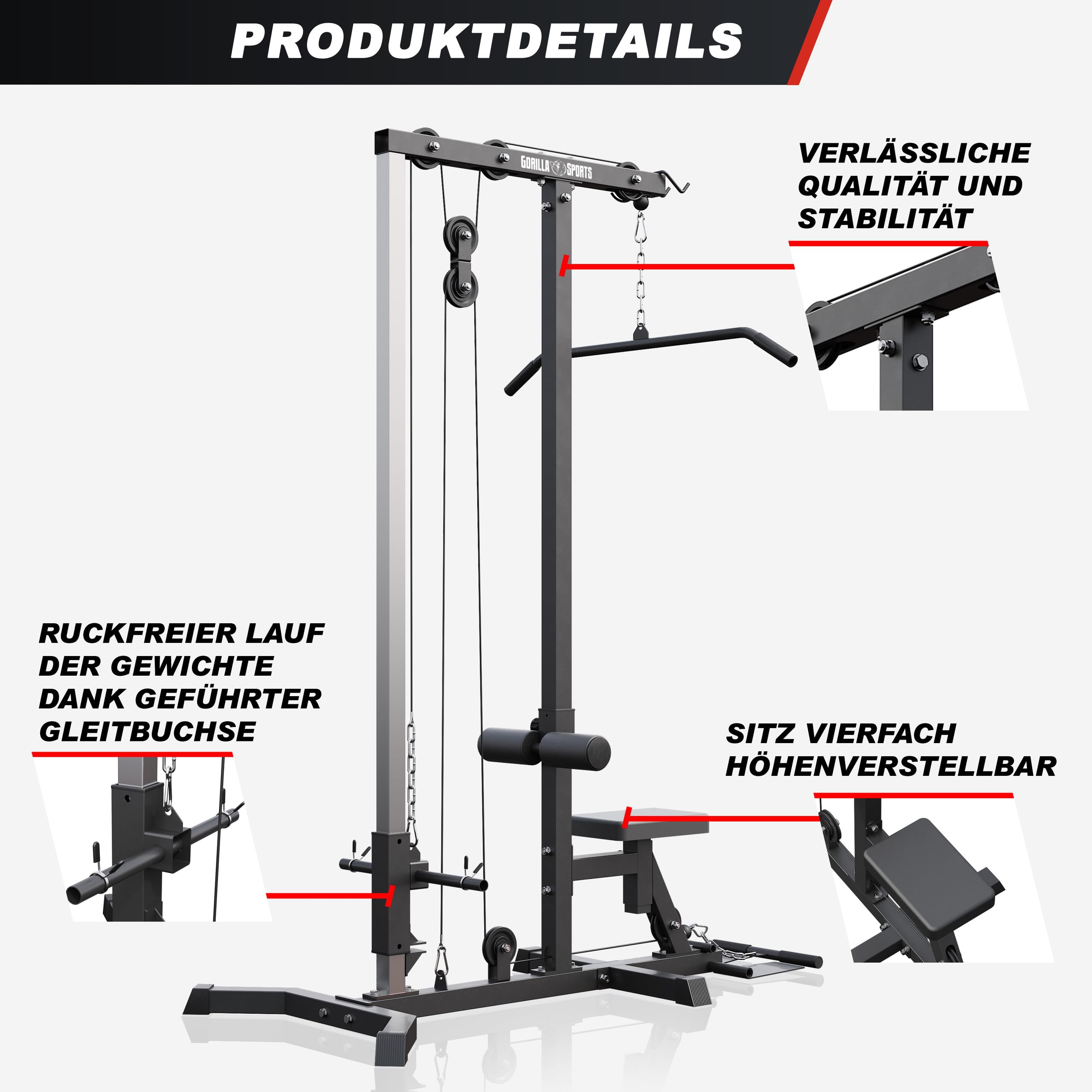 GORILLA SPORTS® Torre de poleas Ajustable, 30 mm | Incluye barra de tríceps y barra de poleas, Soporta hasta 280 kg, Estación de tracción de cables, Máquina de fitness