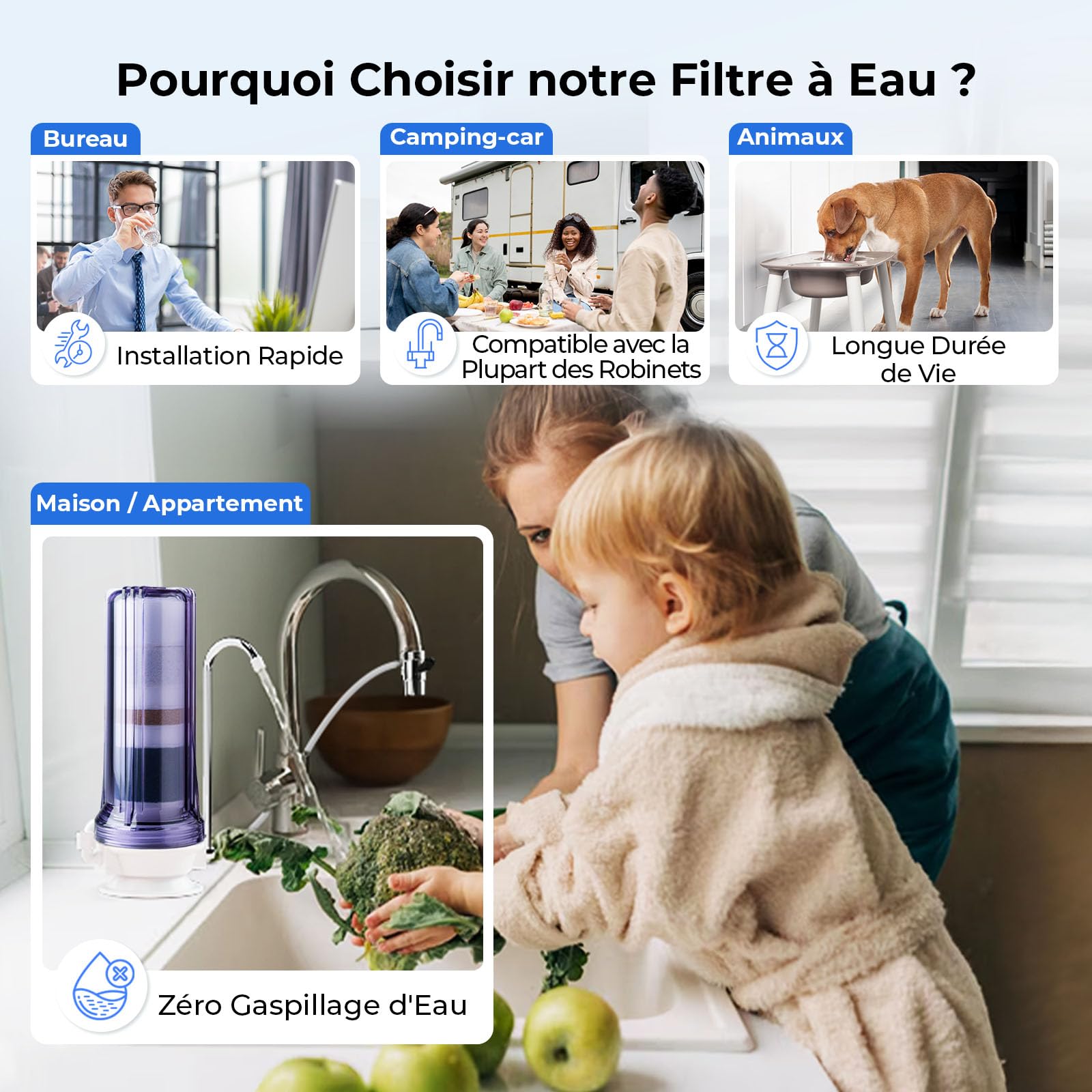 iSpring CT10-CL Système de Filtration d'Eau Potable de Comptoir à Plusieurs Niveaux avec Adaptateur de Robinet Polyvalent, Transparent