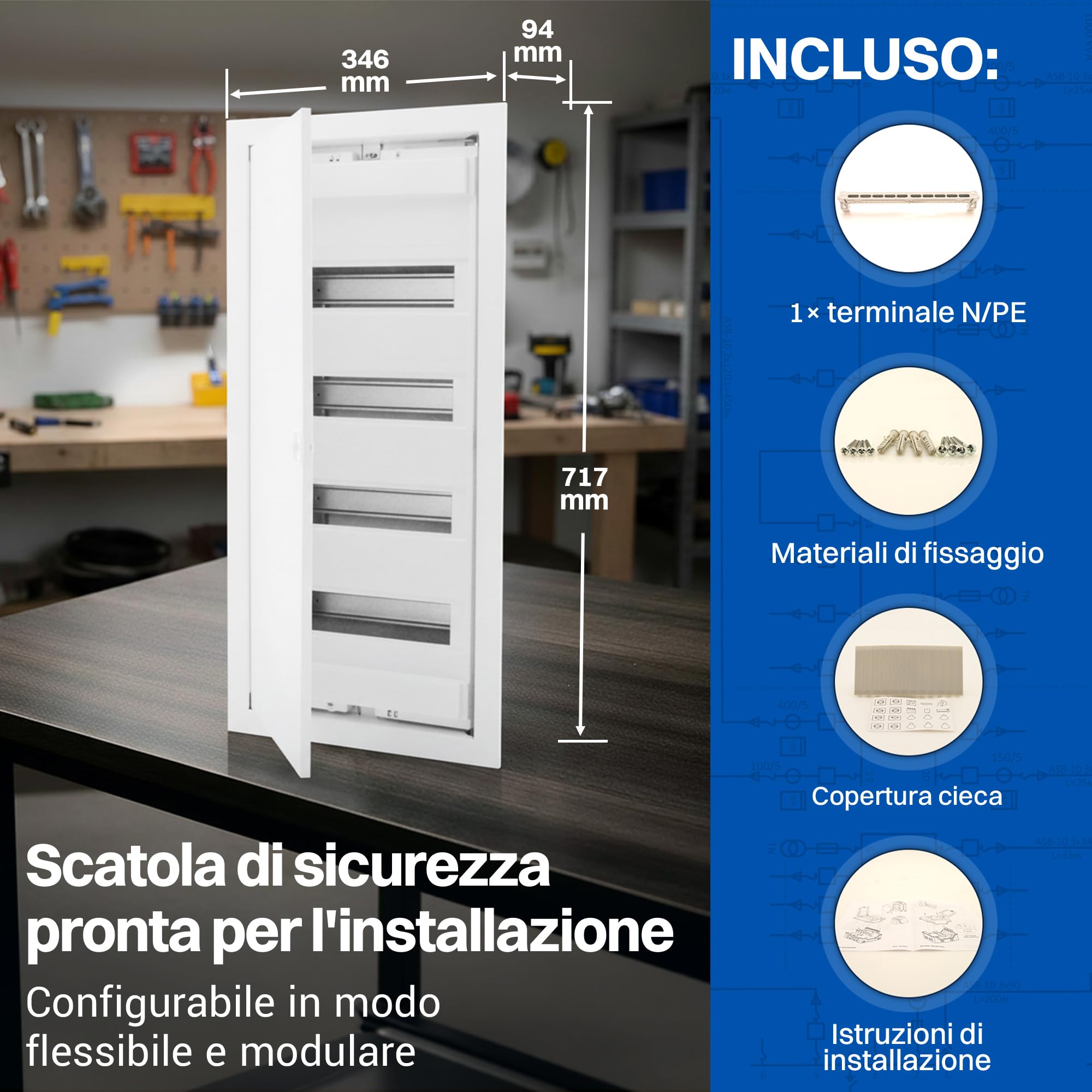 Intratec Quadro Elettrico da Incasso 4 File – Centralino di Distribuzione IP40 per 48 Moduli con Porta Metallica Bianca e Guida DIN per Impianti Elettrici Interni – 346 x 717 x 92mm