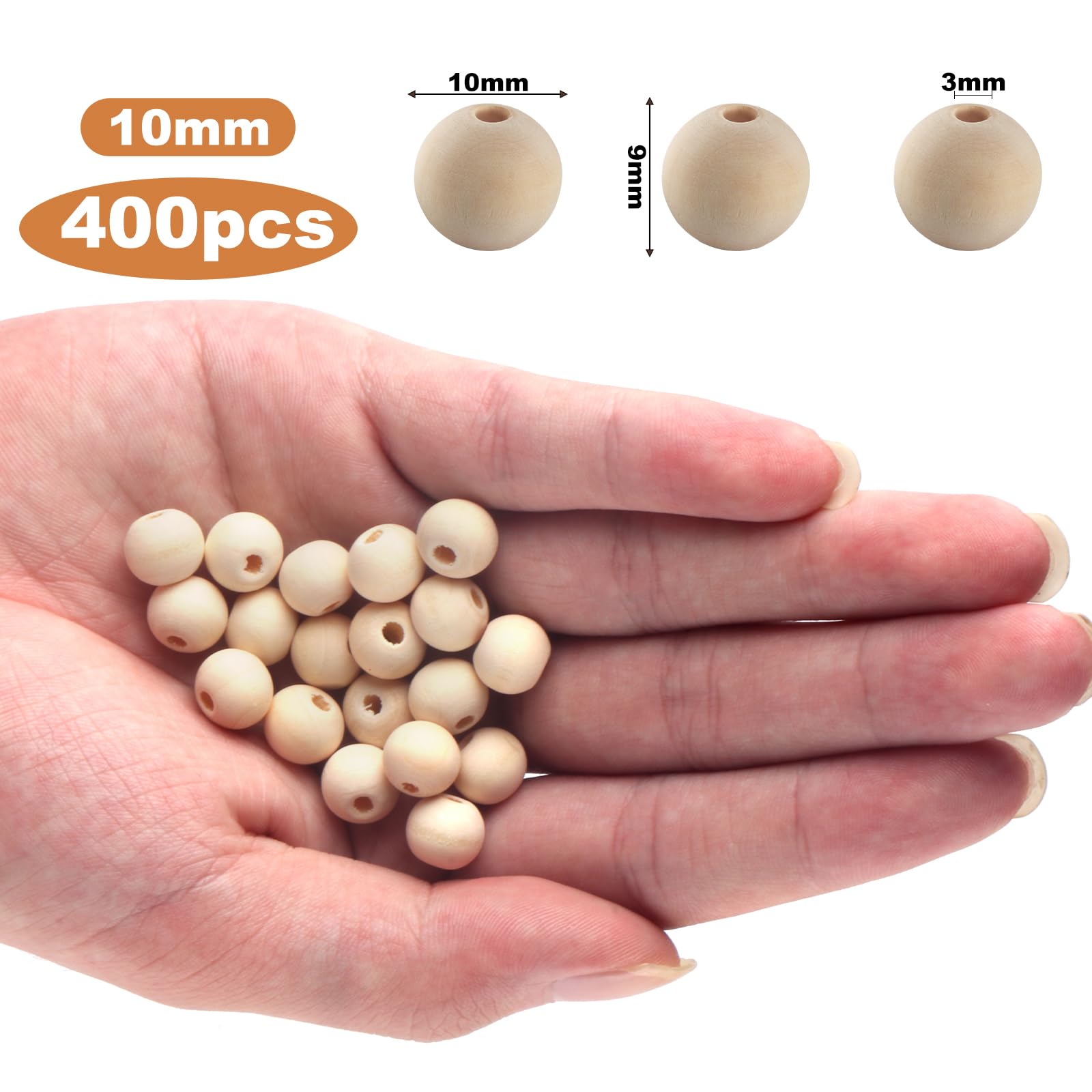 WELHAEPI 400 Pcs Natural Round Wooden Beads Set, DIY Craft Making, Jewelry, Decorative Beads (10mm), 10mm X 400 pcs - Image 2