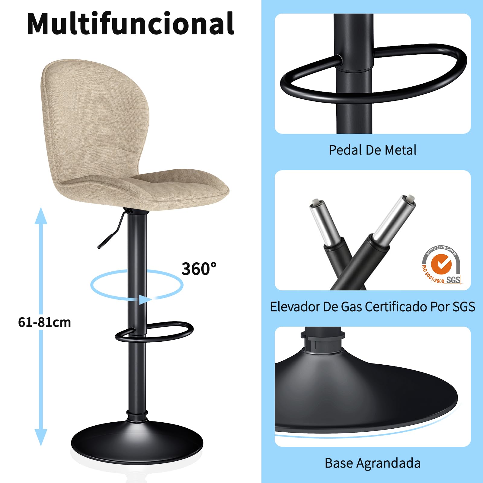 LEWE Taburetes Altos de Cocina Bar, Regulables Giratorios, Pack 2-Caqui | Sillas Altas de Cocina, Respaldo de Tela, Reposapiés Metálico, Escandinavo Moderno, para Isla de Cocina, Bar, Comedor