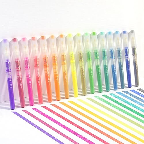 HANKU Marcadores iluminadores con purpurina, paquete de 16 unidades, punta de cincel, colores fluorescentes, rotuladores con purpurina surtidos para