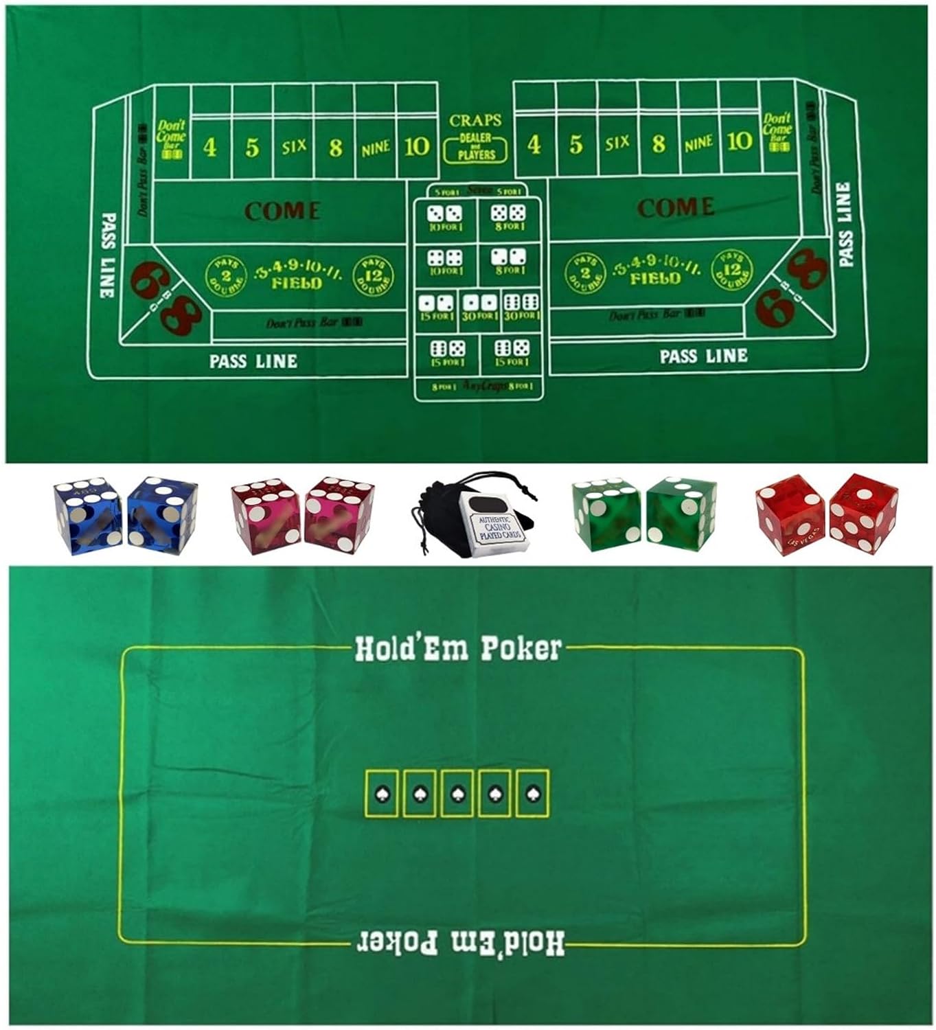 Craps & Texas Hold'em Poker Essentials Set: 2-Sided Felt Layout, Genuine Casino Table-Played Dice & Cards ... Plus Storage Pouch (Cyber-Deals Exclusive Bundle)