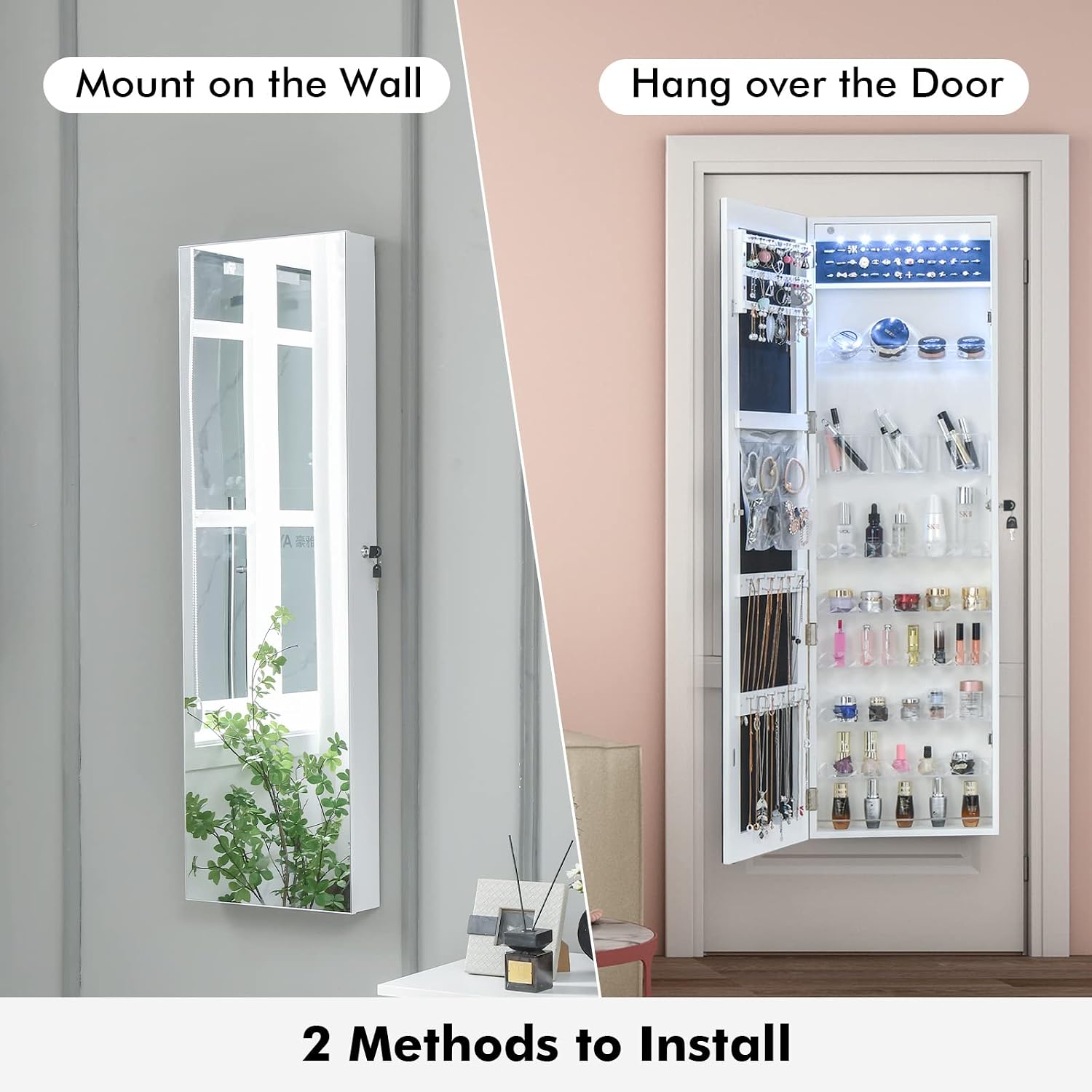 GOFLAME Mirror Jewelry Cabinet, Jewelry Armoire Organizer with Full-length Mirror, LED Lights, Storage Bag, Shelves, Wall/Door Mounted Lockable Jewelry Armoire Cabinet for Living Room Bedroom (White)