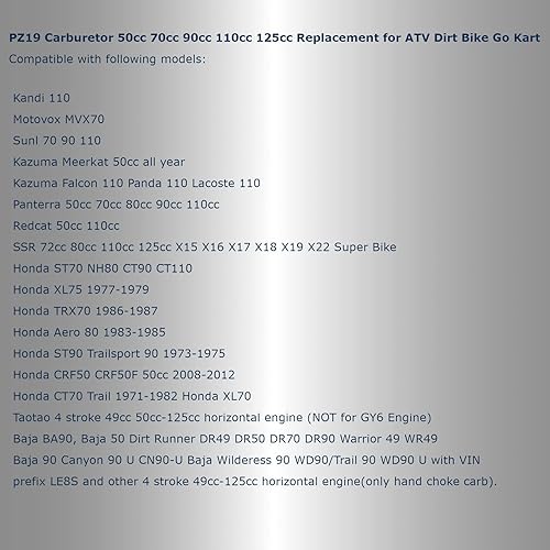 Miniatura 4 de Carburador PZ19 compatible con motocicletas de motocross de 50 cc, 70 cc, 80 cc, 90 cc, 110 cc, 125 cc, ATV, carburador de 0.748 in, 4 tiempos